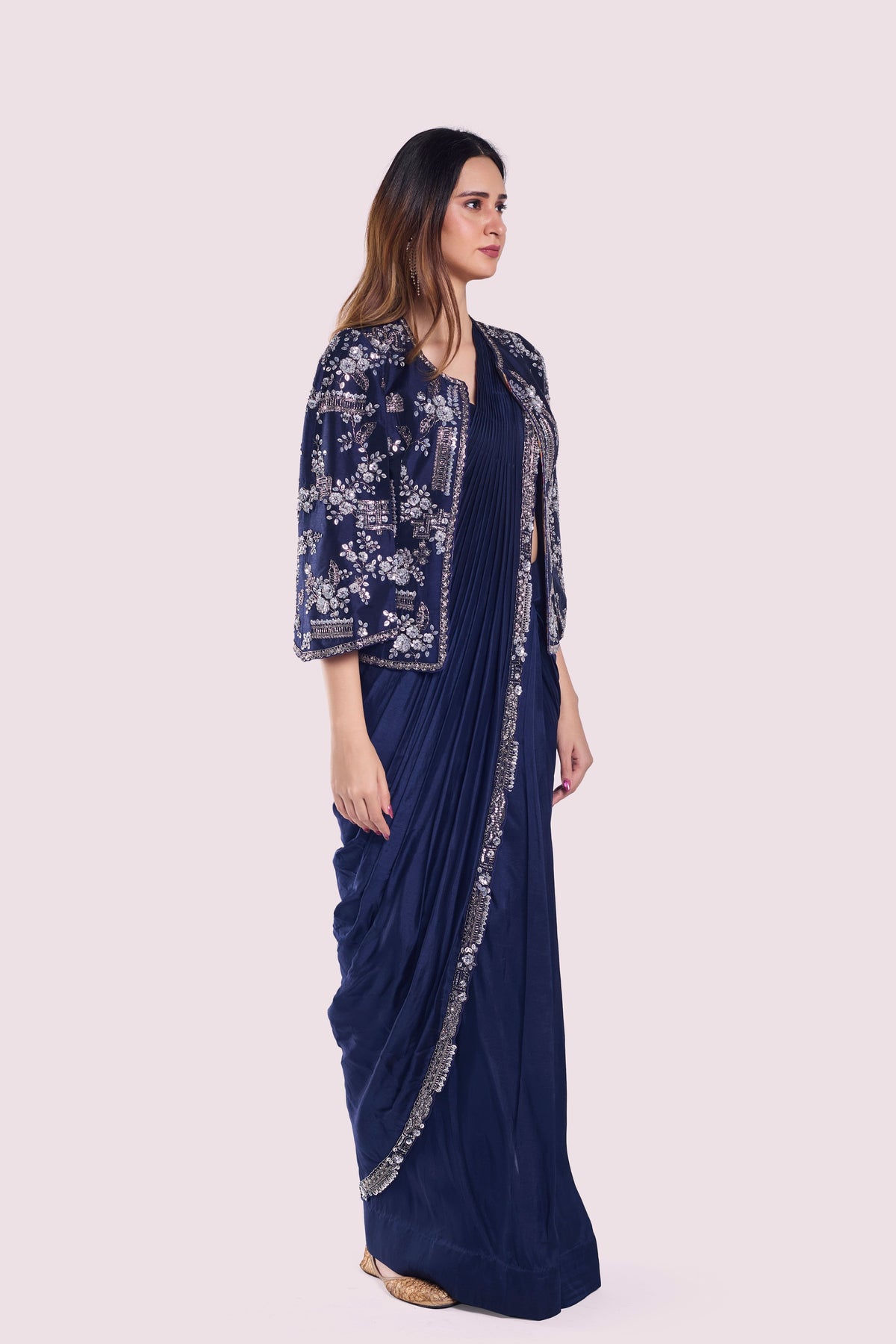 Navy Blue Drape Saree Set