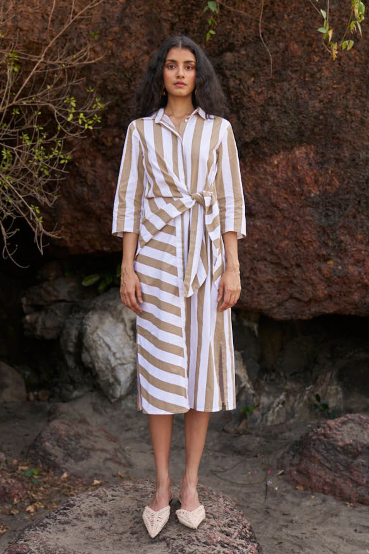 Side Tie Striped Shirt Dress