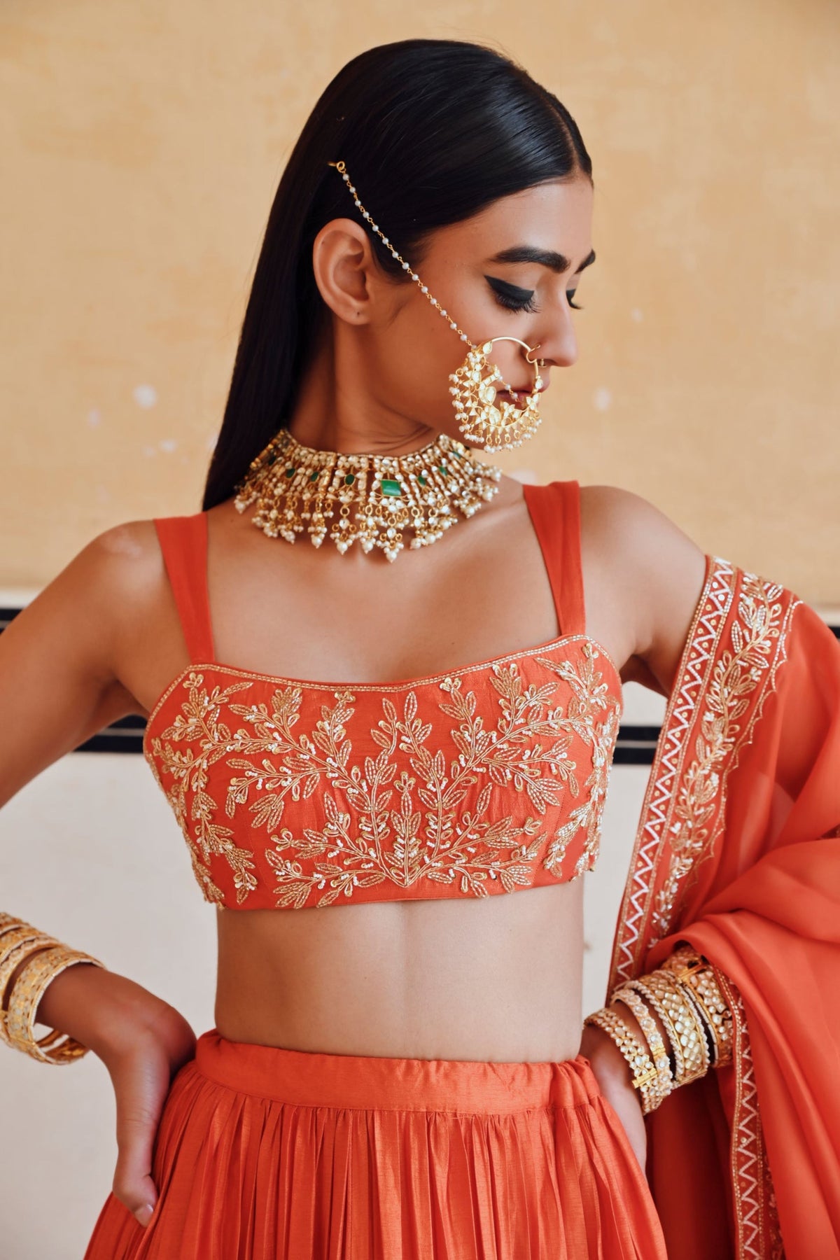 Orange Embroidered Lehenga Set