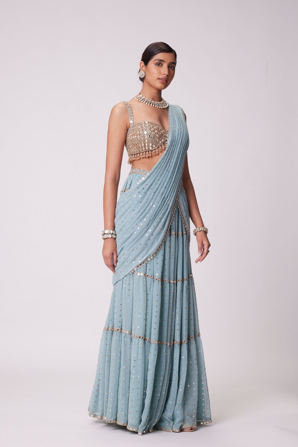 Powder Blue Multitier Saree Set