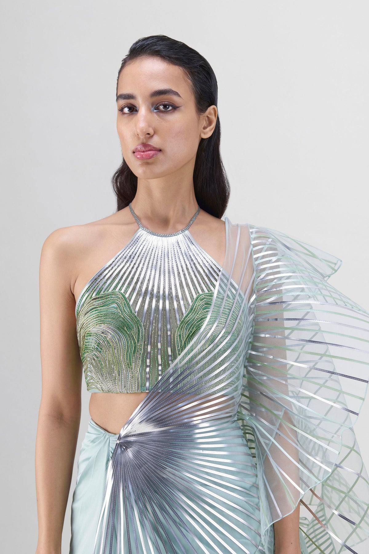 Metallic Sage Winged Ruffle Saree