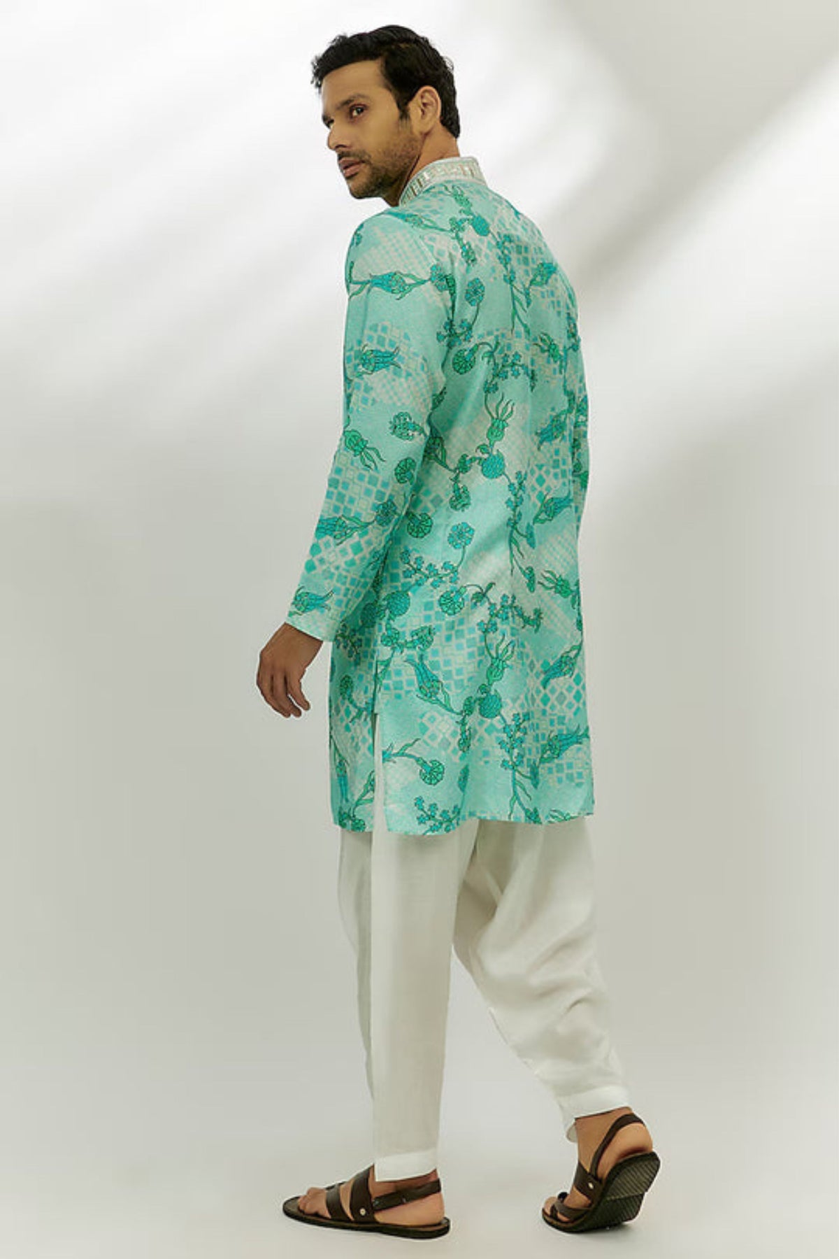 Cyan Blue Printed and Embroiderd Kurta.