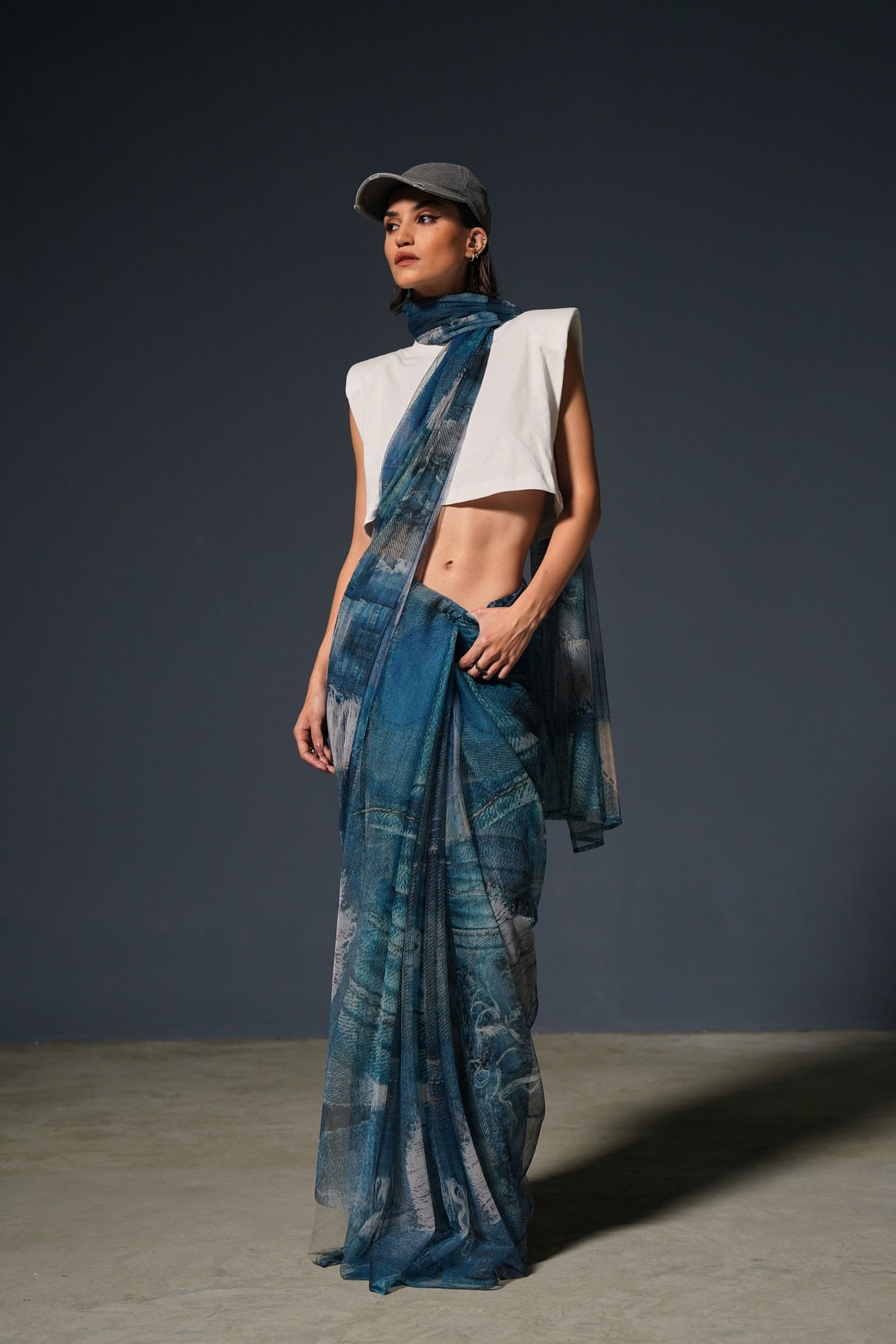 Blue Denim Print Saree