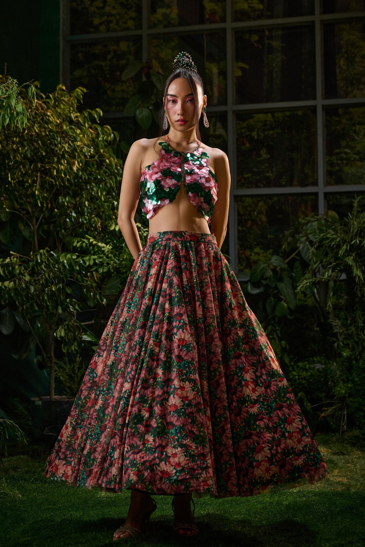 Red &amp; Green Wild Flower Lehenga