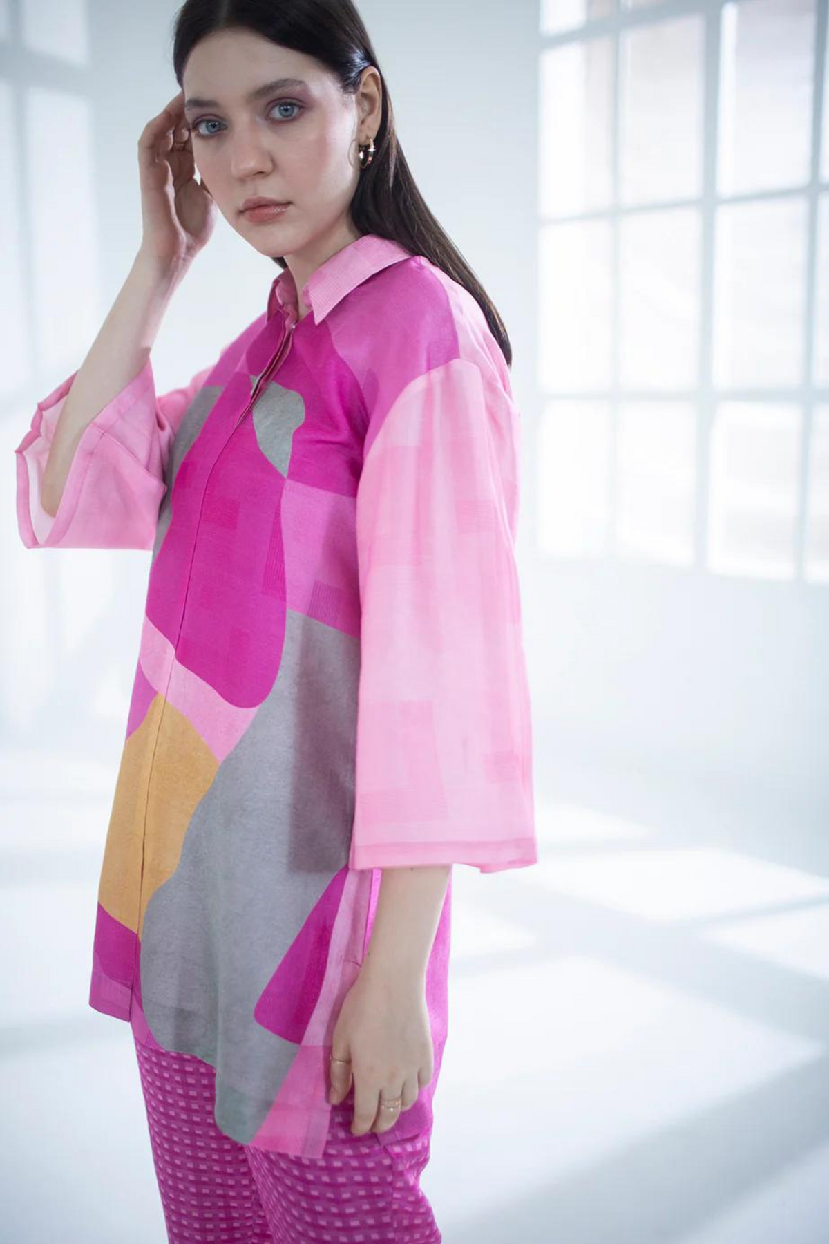 Fuchsia Abstract Geometric  Tunics Set