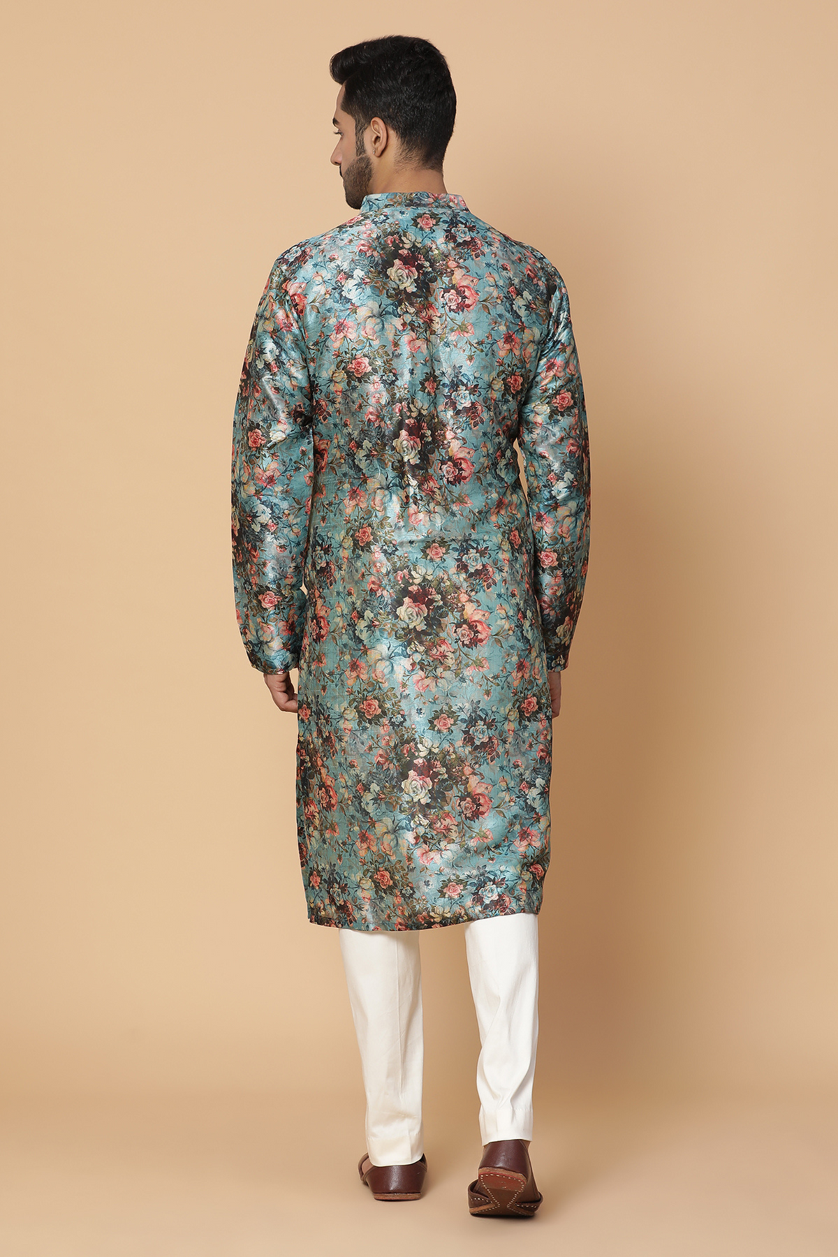 Blue floral silk kurta