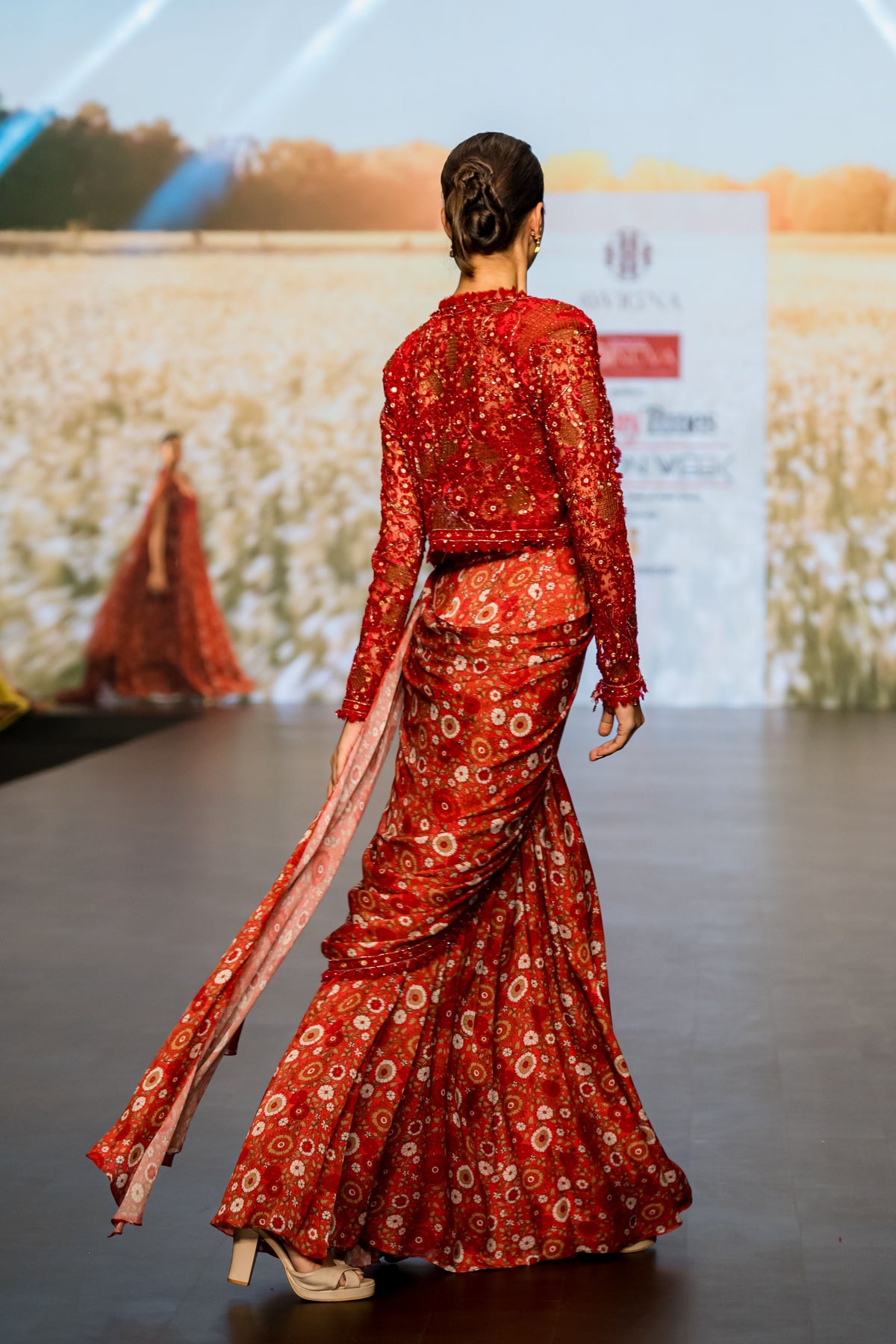 Red Printed Saree Set