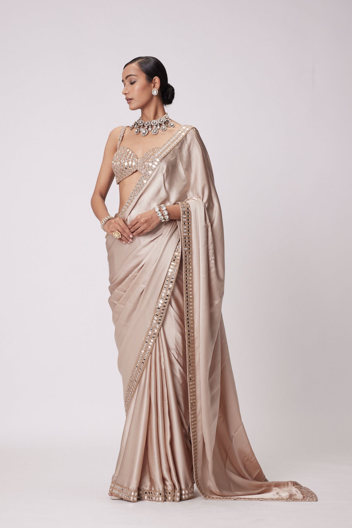 Light Beige Satin Saree Set