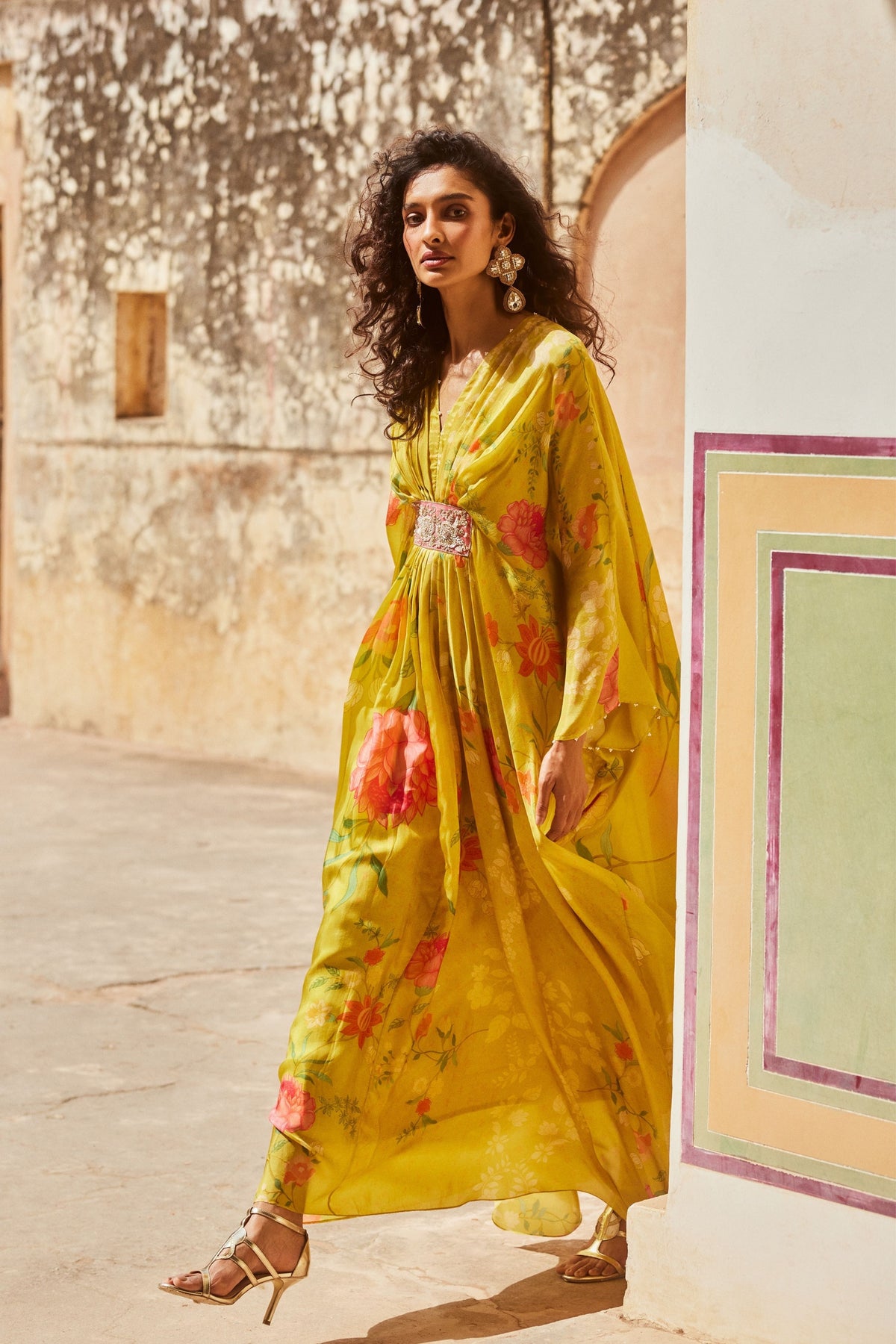 Printed Lime Yellow Kaftan Set