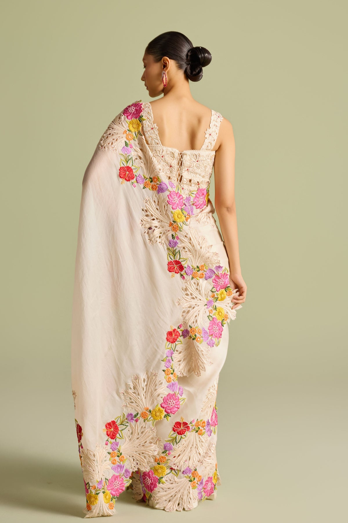 Ivory Floral Embroidered Saree