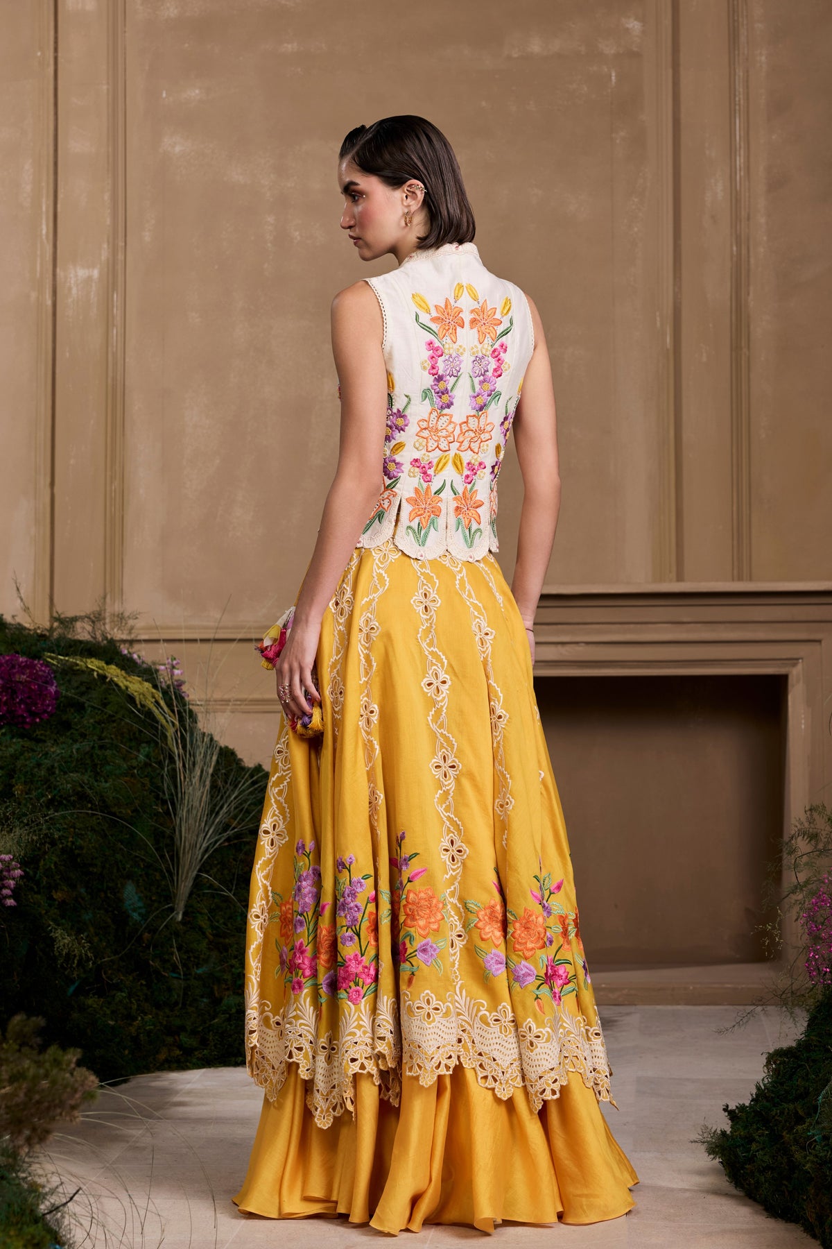 Yellow Floral Embroidered Layered Lehenga