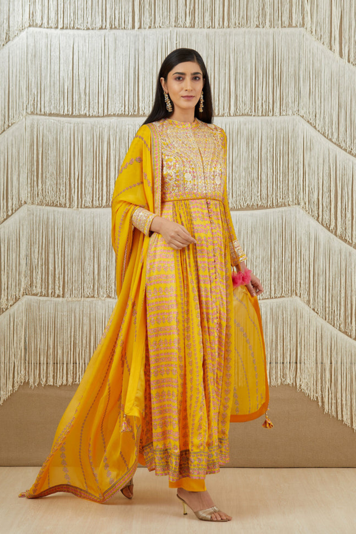 Mustard zardozi embroidered anarkali set