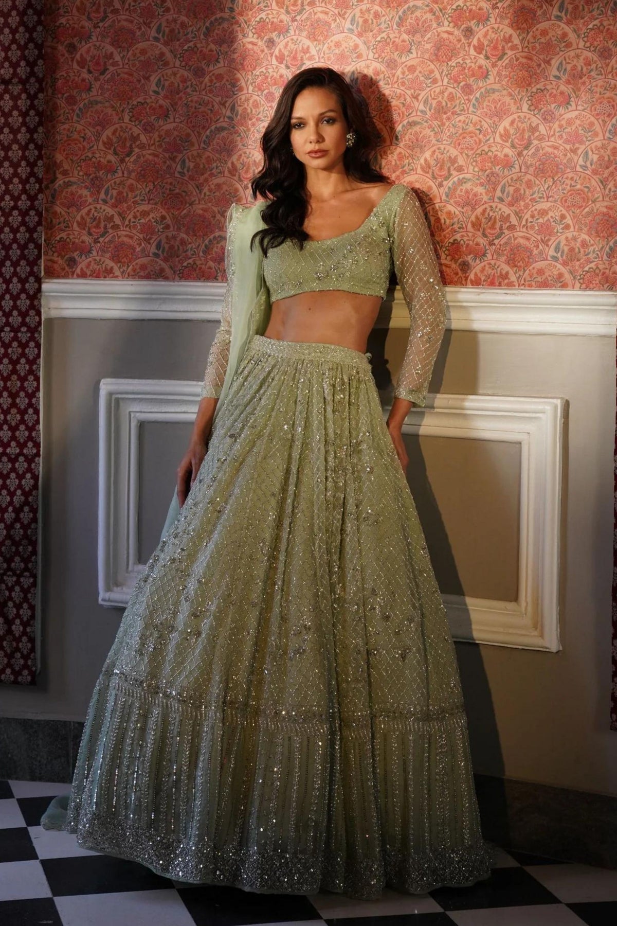 Green Organza Lehenga Set