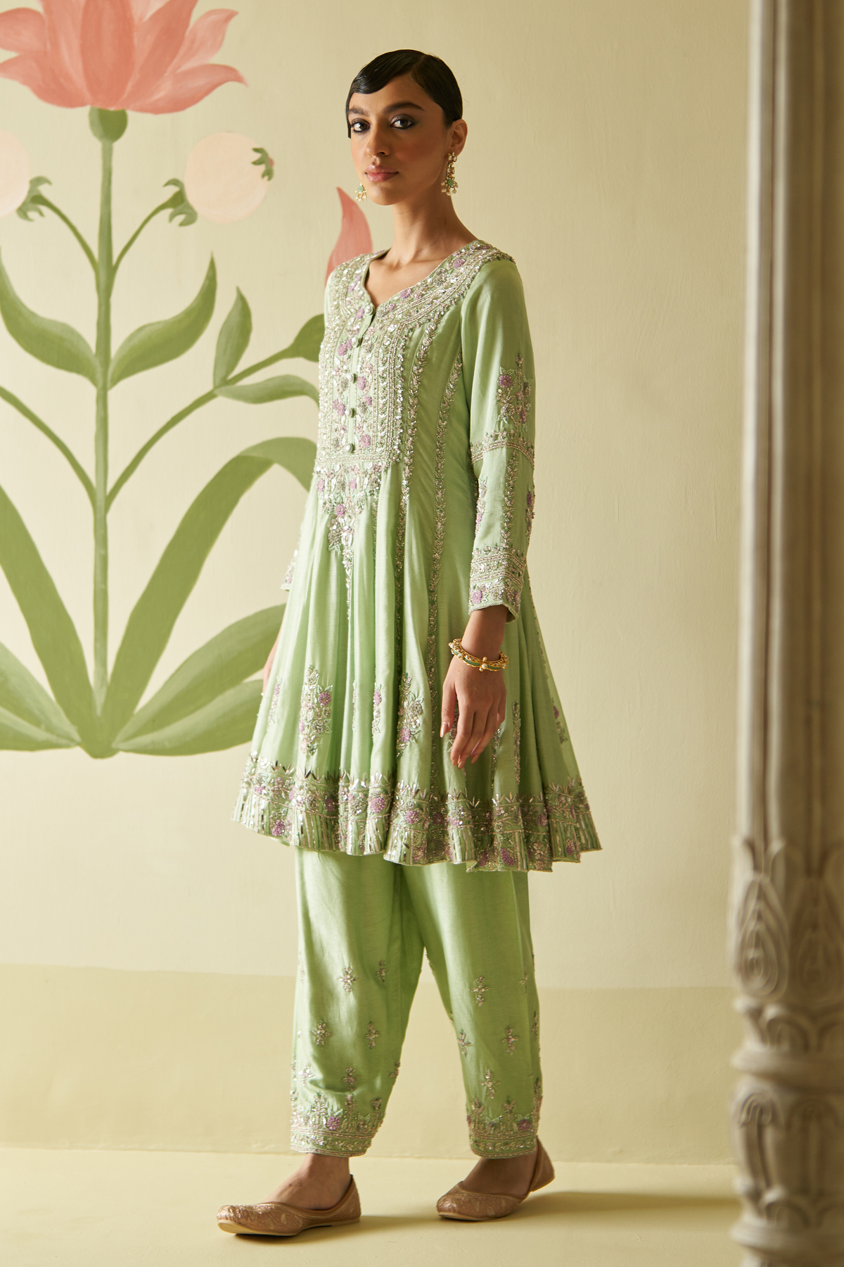 Mint Green Chanderi Silk  Anarkali Set