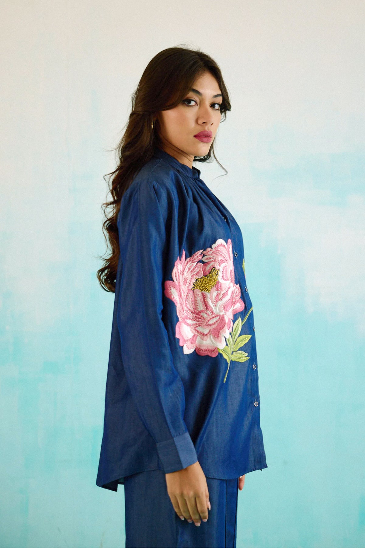 Denim Peony Gathered Embroidered Shirt