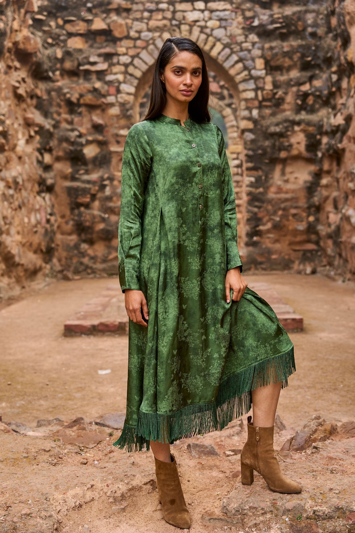 Forest Fringe Midi Shirt Dress