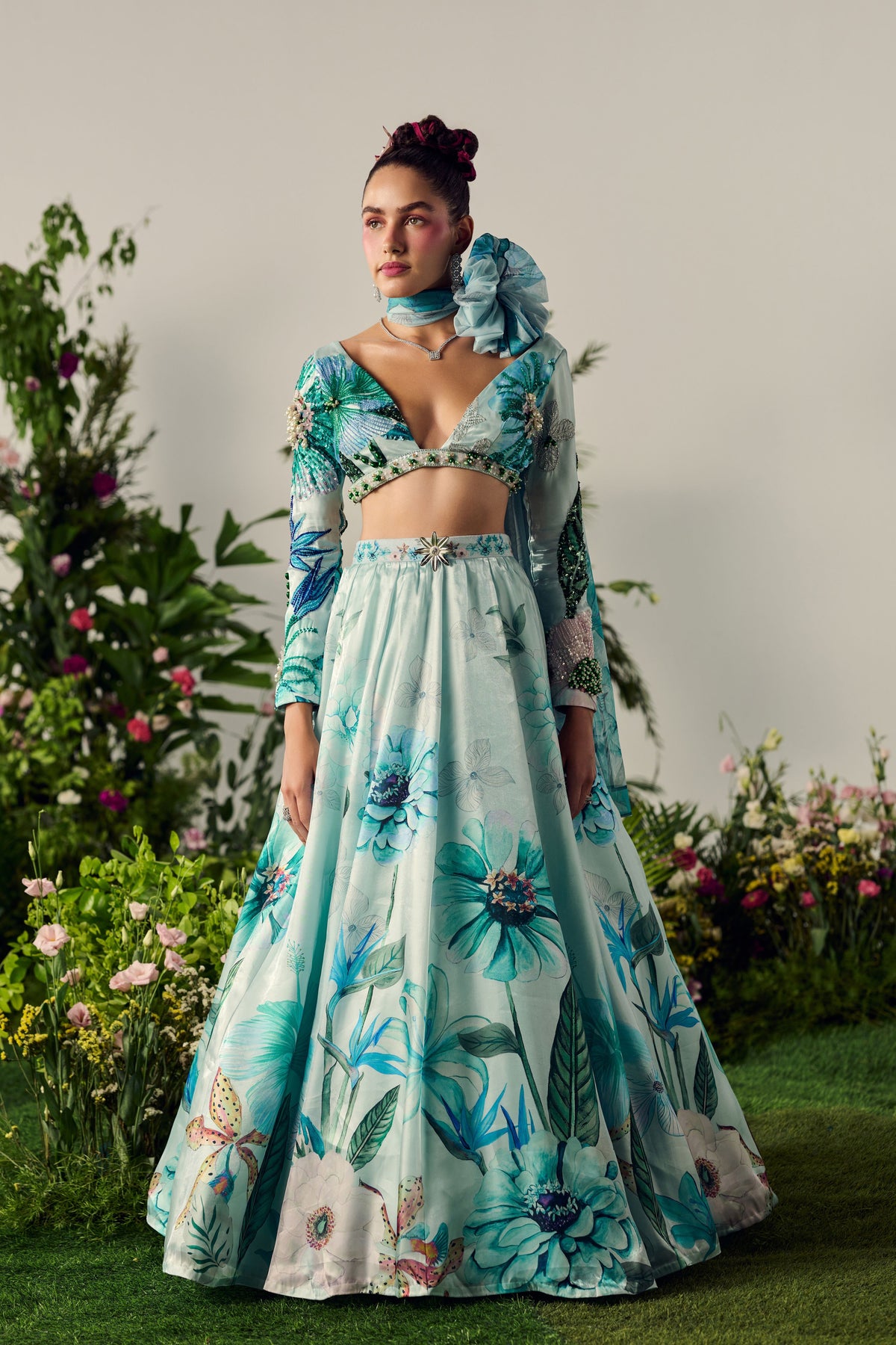 Blue Floral Print Lehenga Set