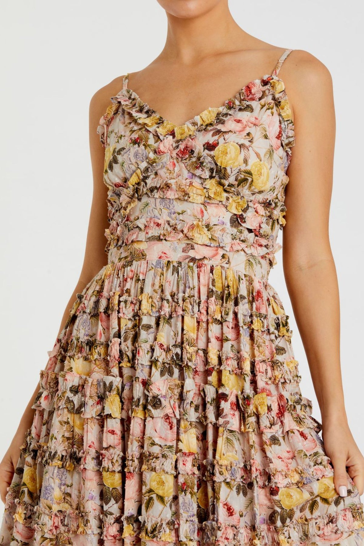 Beige Floral Print Ruffle Dress