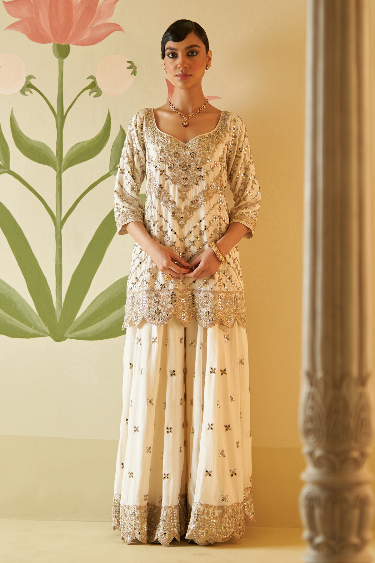 Ivory Mirrorwork Silk Sharara Set