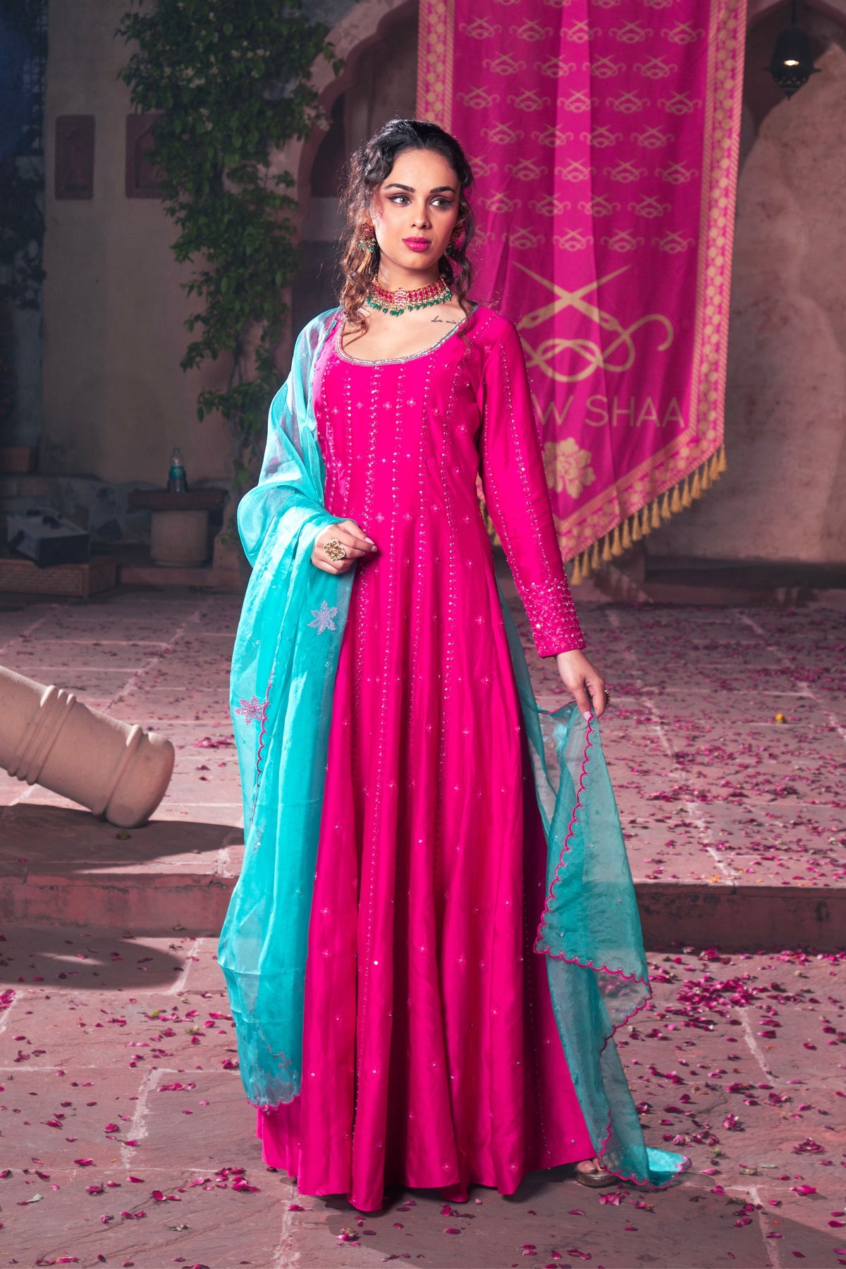 Hot Pink Embroidered Anarkali Set