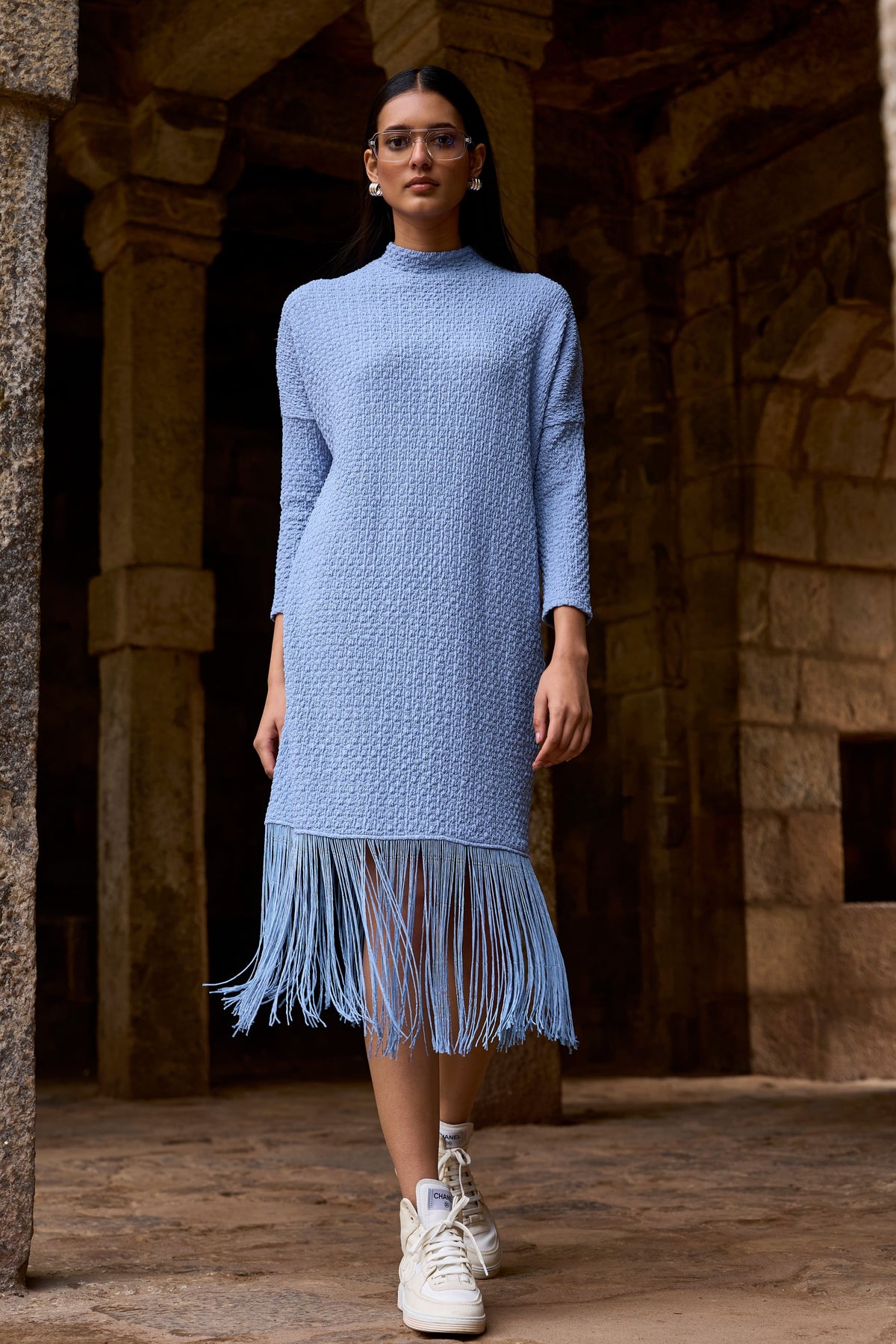 Sky Knit Fringe Midi Dress