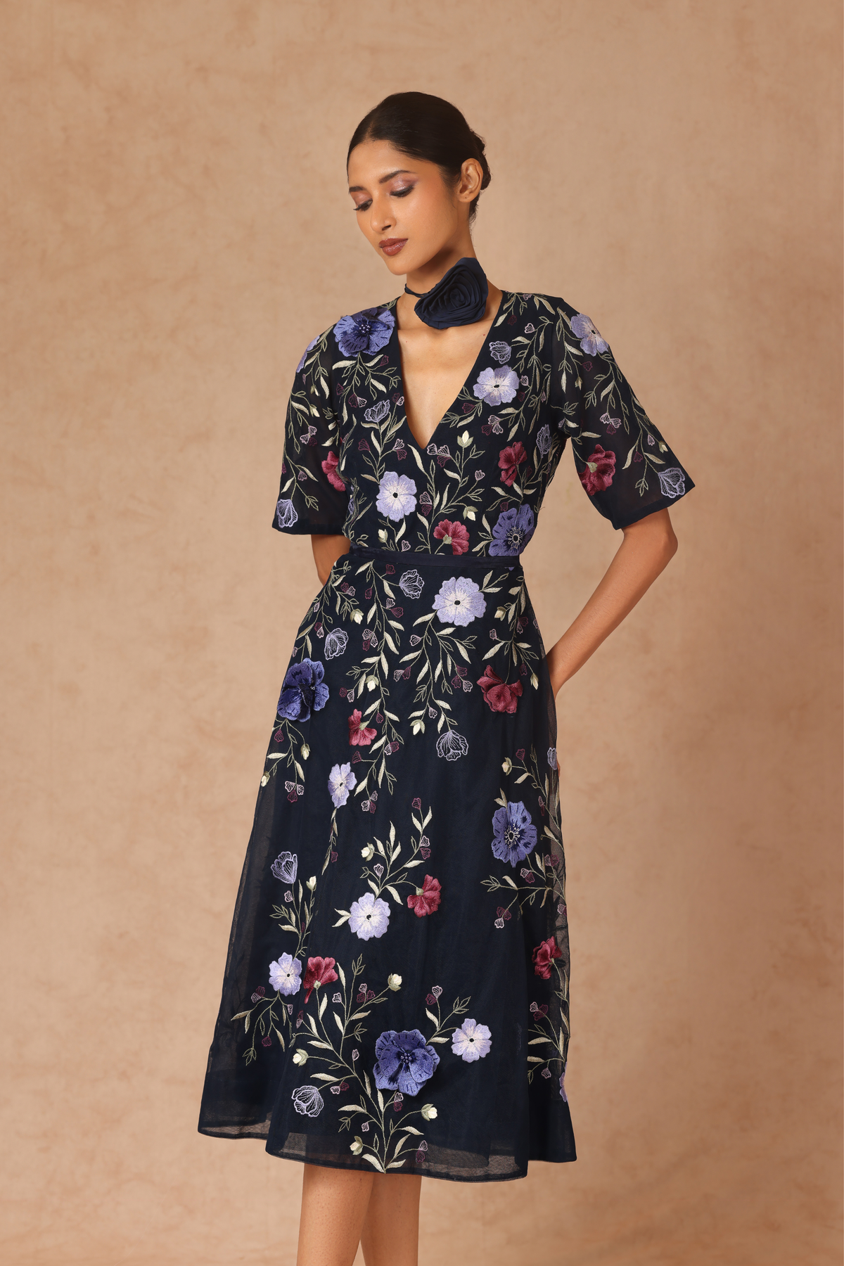 Midnight Blue Floral Flare Dress With Belt