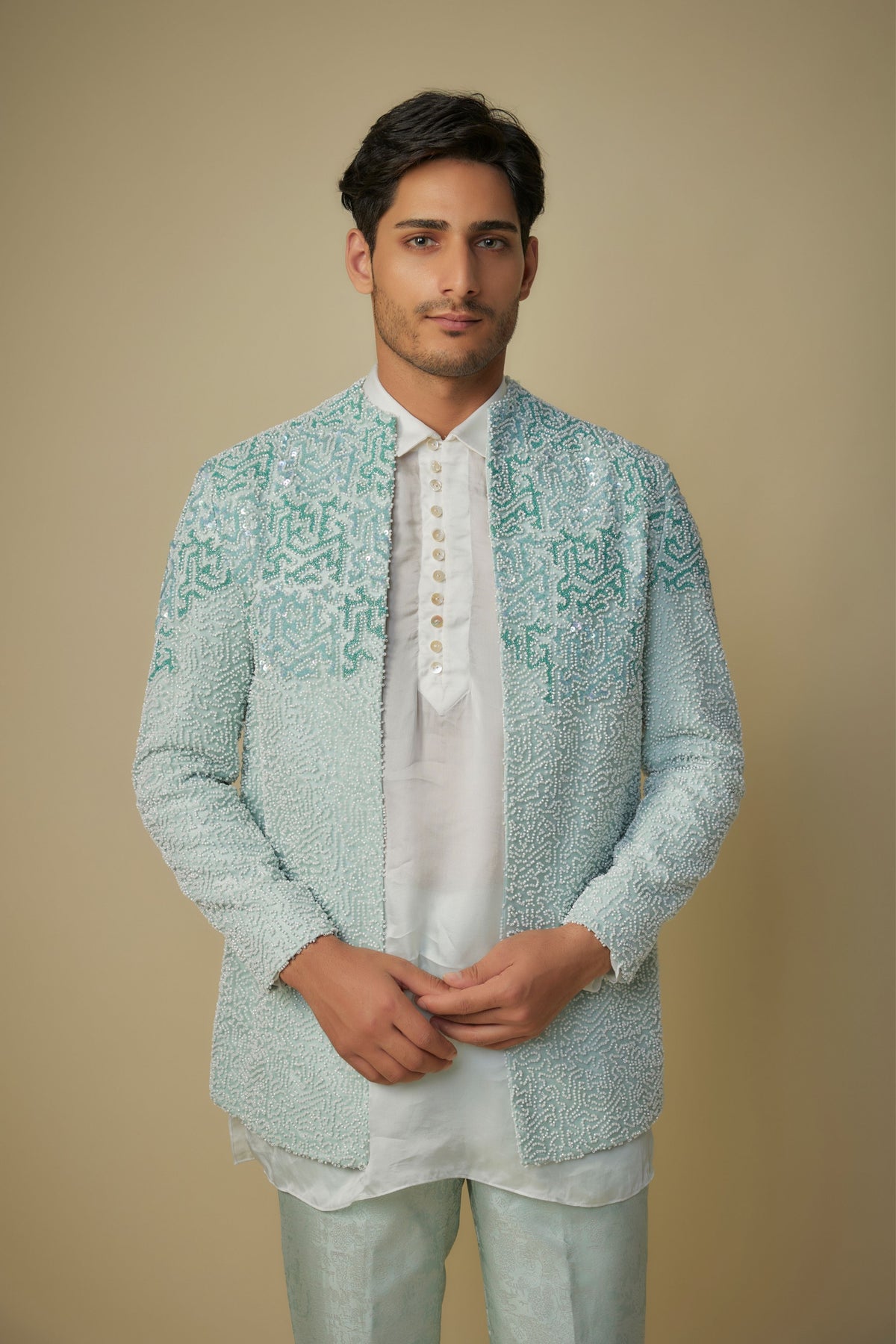 Mint Embroidered Jacket Set