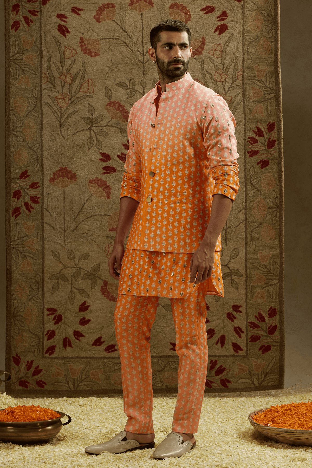 Orange Pink Ombre Printed Bundi