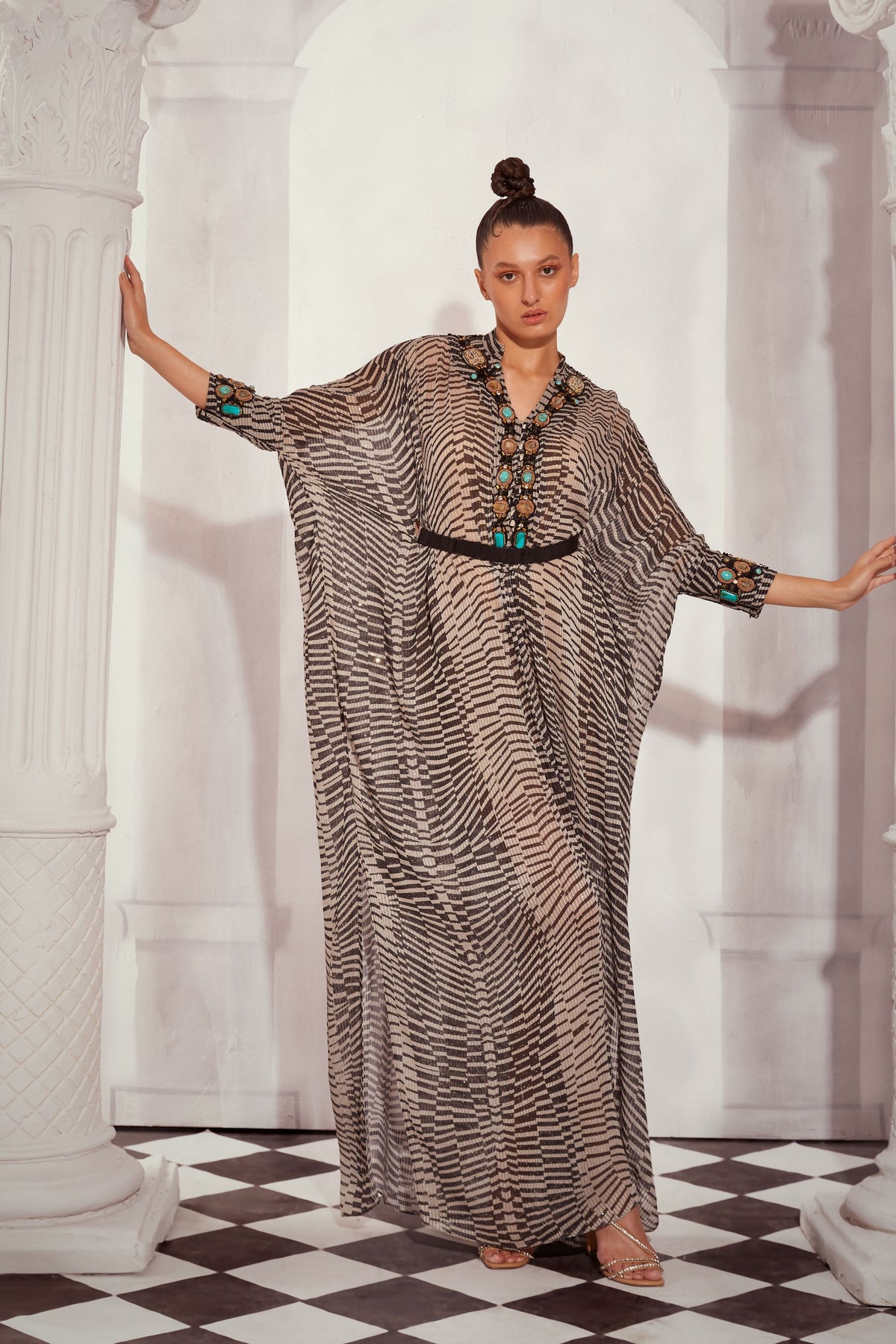 Black &amp; White Byzantine Kaftan With Belt