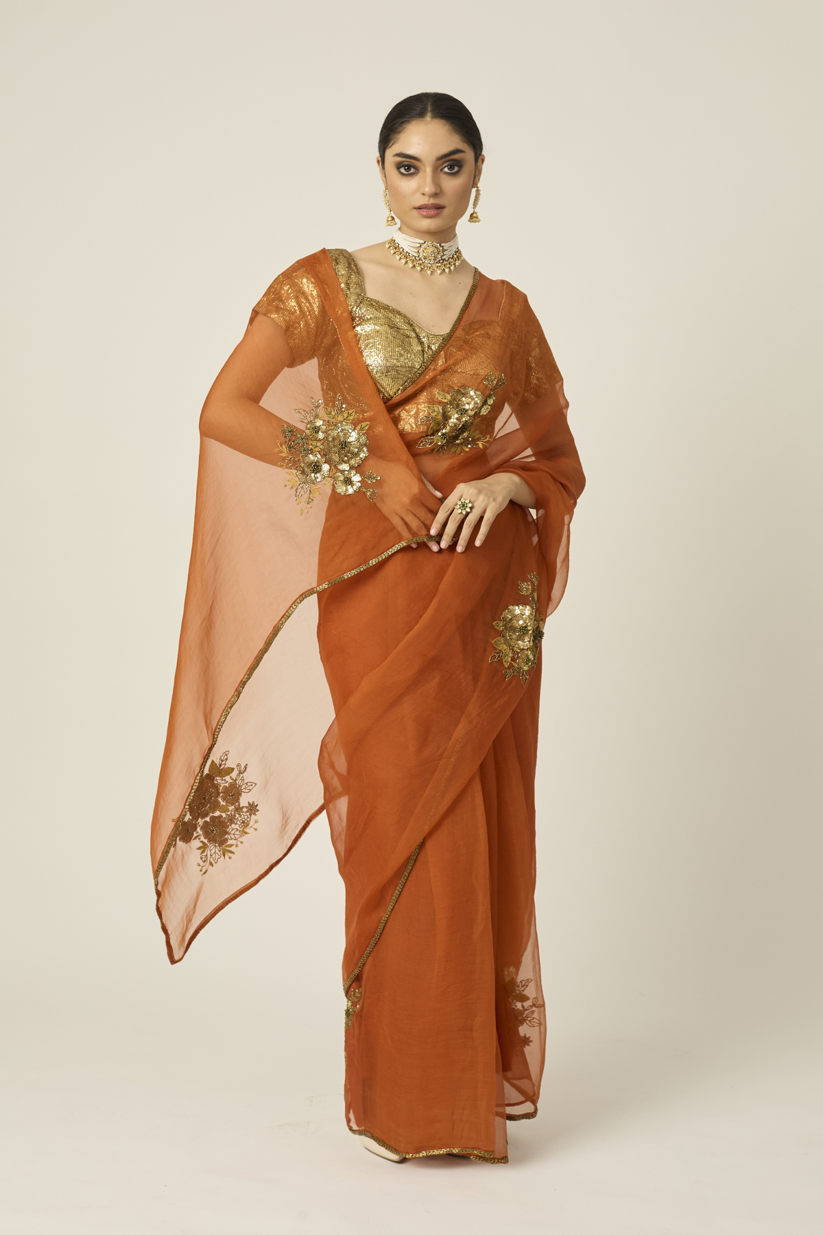 Paro Orange Silk Organza Saree