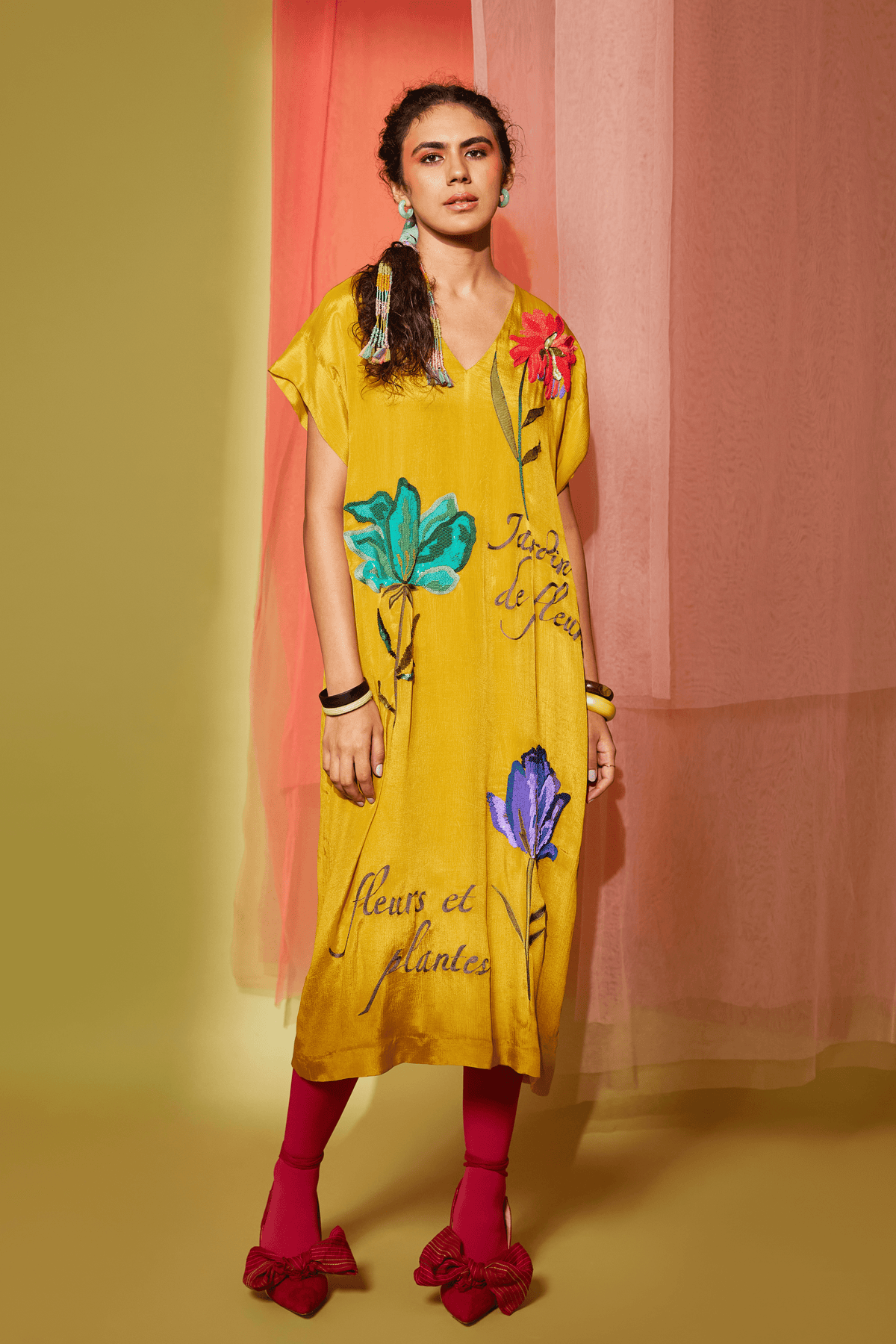 Mustard Flower Drop Shoulder Midi