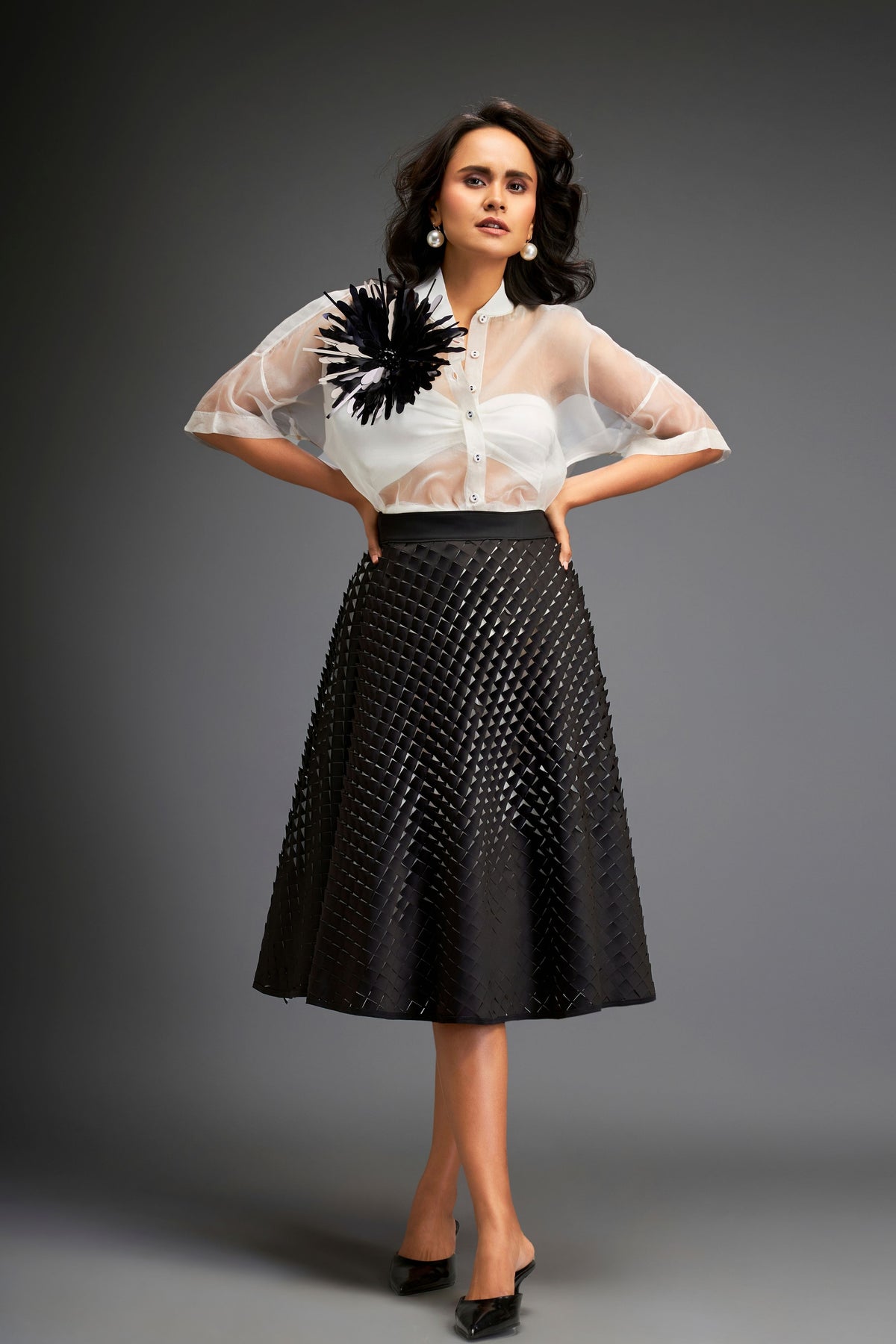 Black Sheer Blouse With 3d-skirt