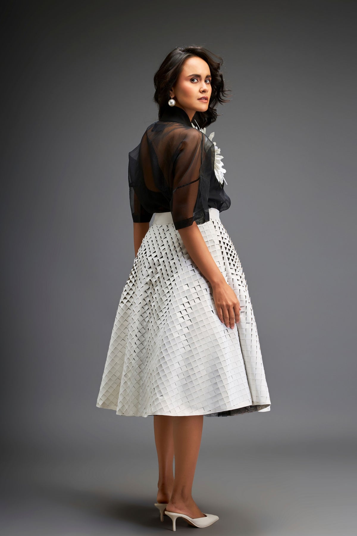 White Sheer Blouse With 3d-skirt