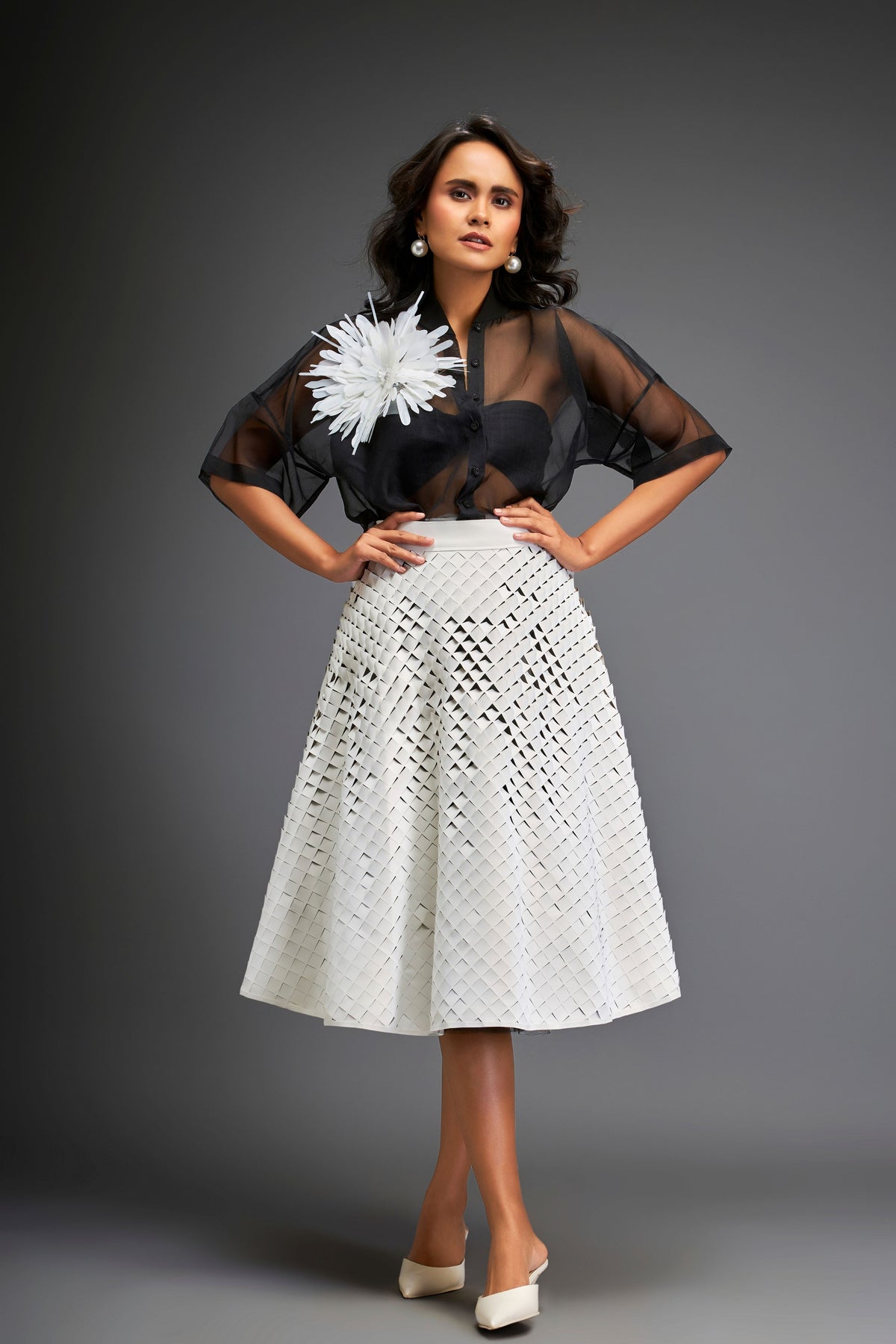 White Sheer Blouse With 3d-skirt