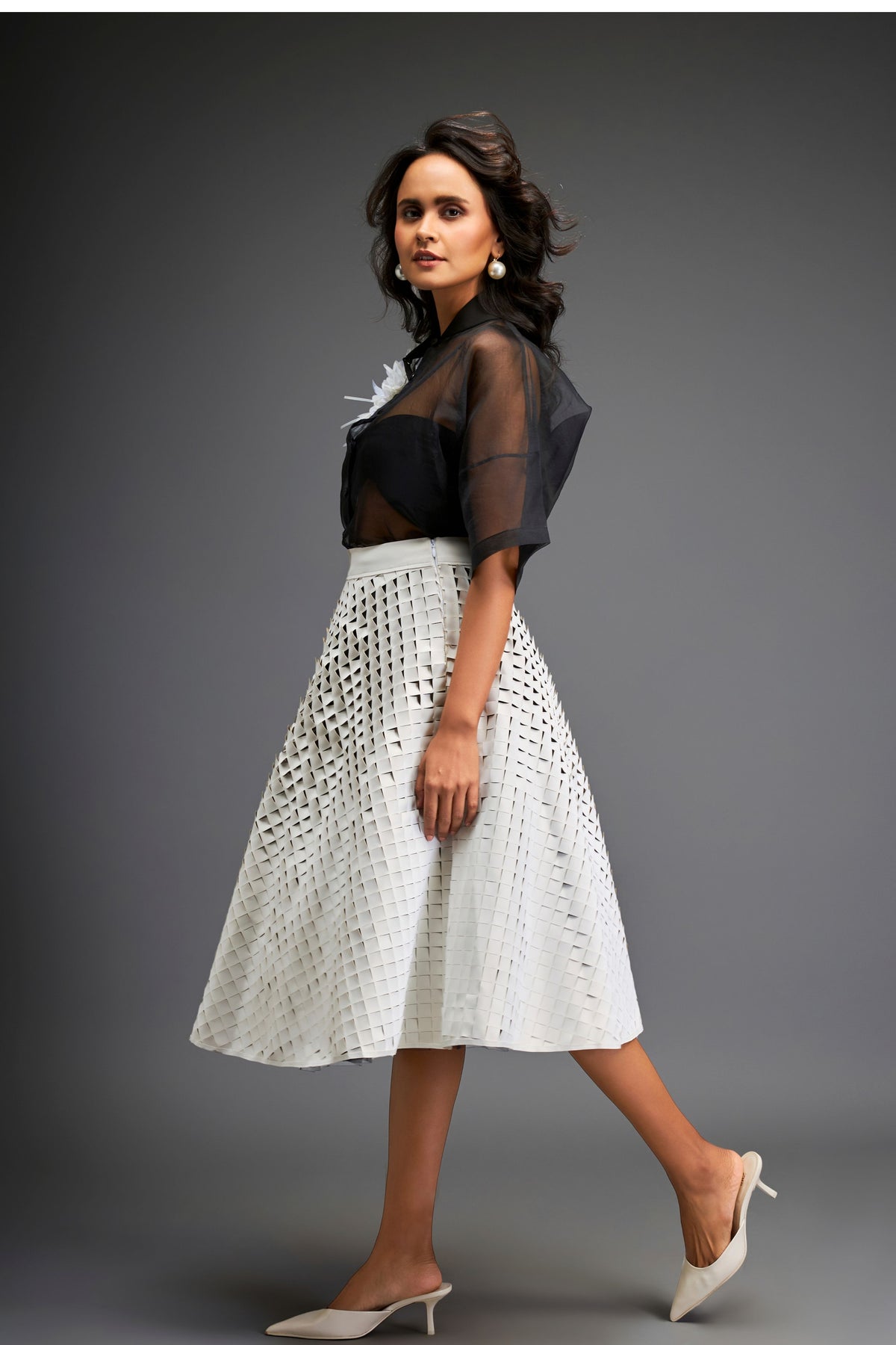 White Sheer Blouse With 3d-skirt