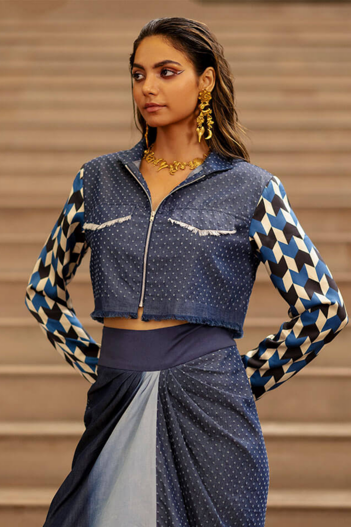 Denim Crop Jacket With Knotted Skirt