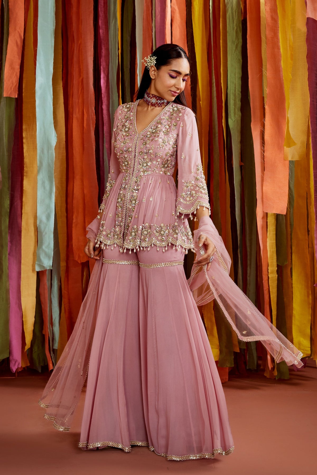 Mauve Embroidered Sharara Set