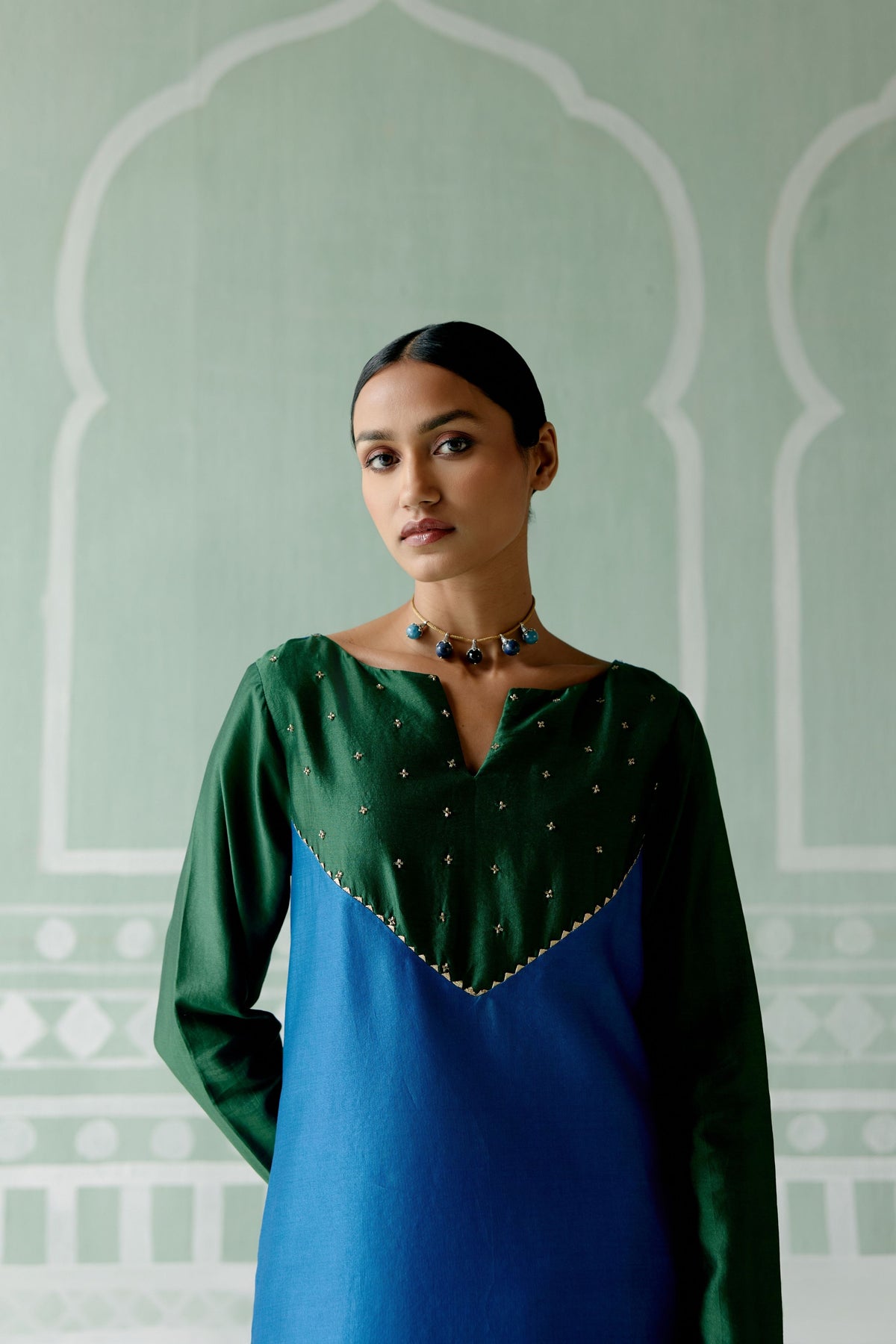 Emerald &amp; Navy Embroidered Tunic Set