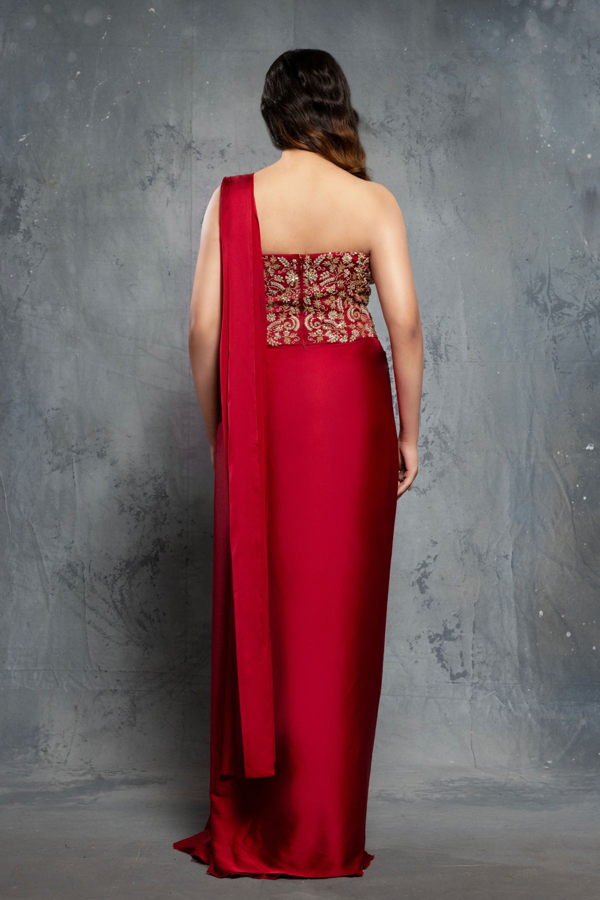 Crimson Red Charmuse Saree Gown