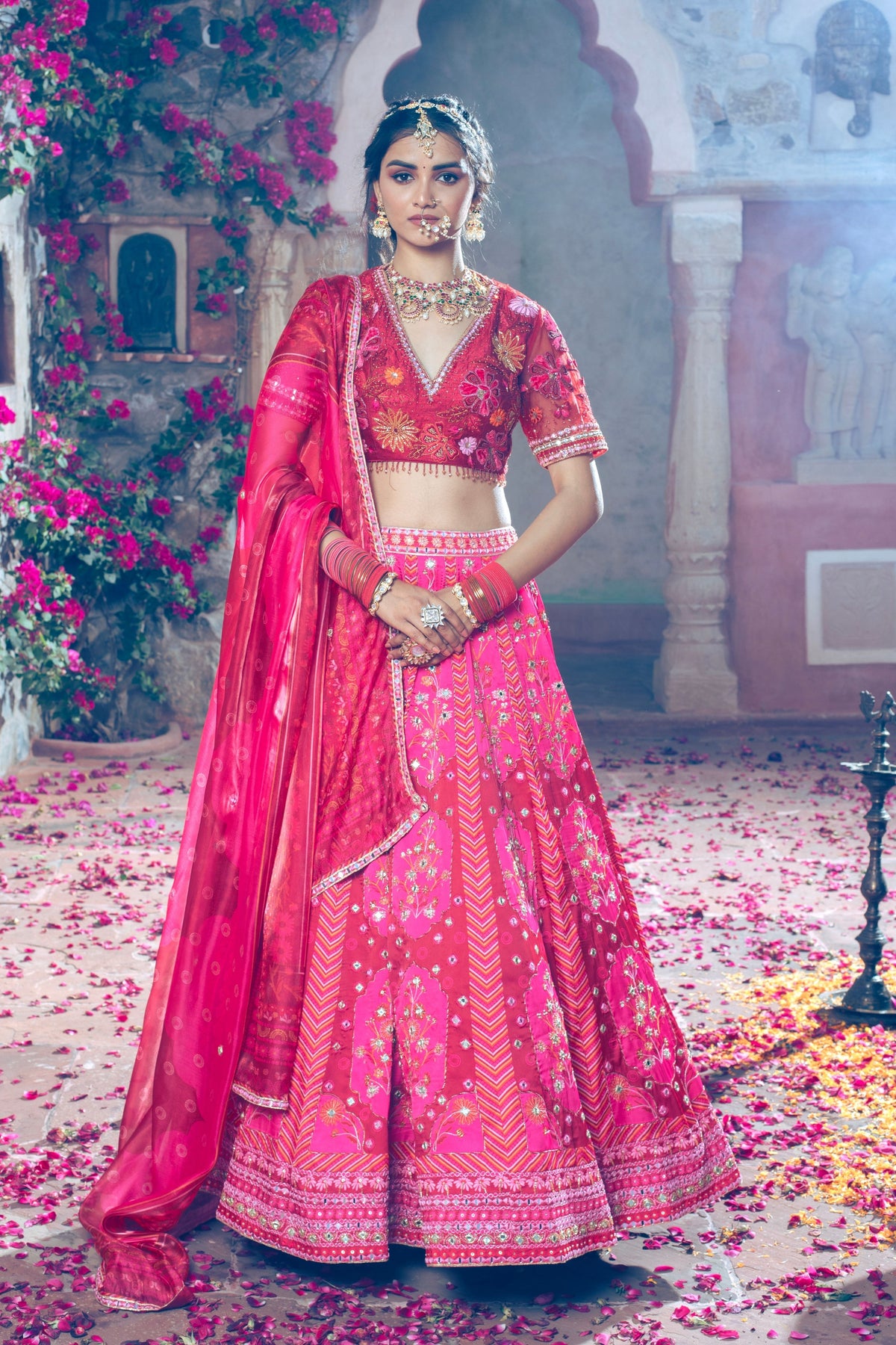 Maroon Embroidered and Printed Lehenga Set