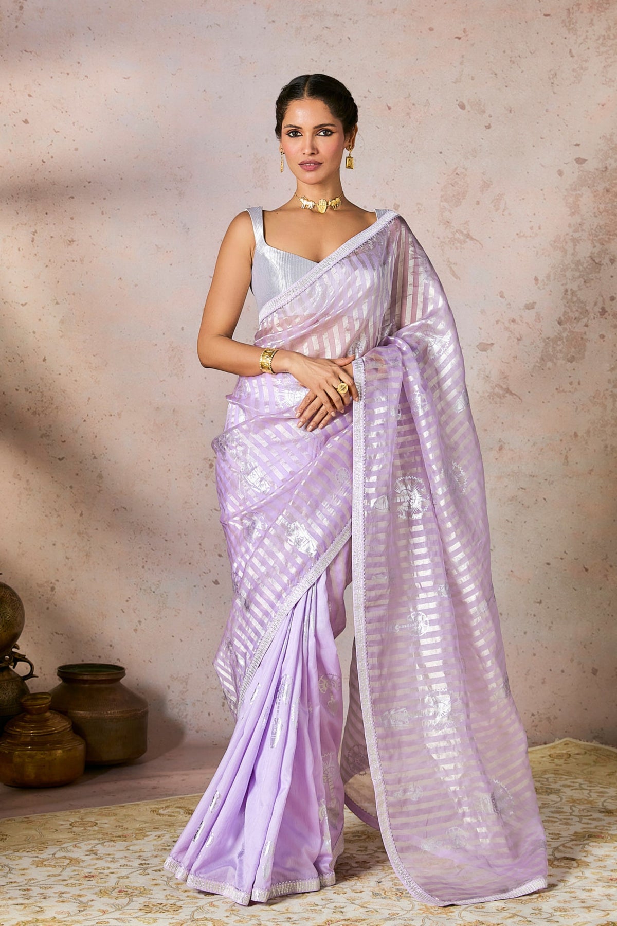 Lilac Striped Zari Saree