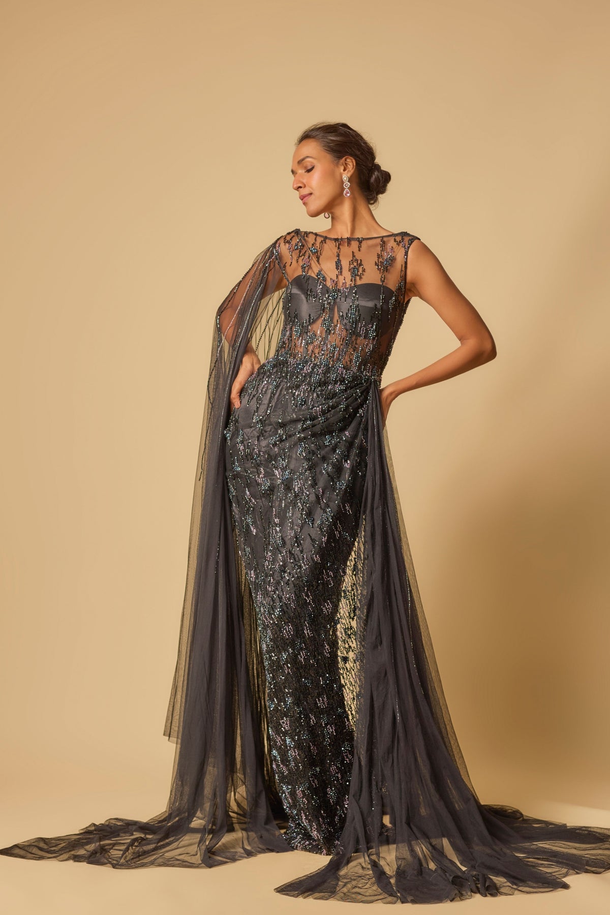 Black Embroidered Drape Gown