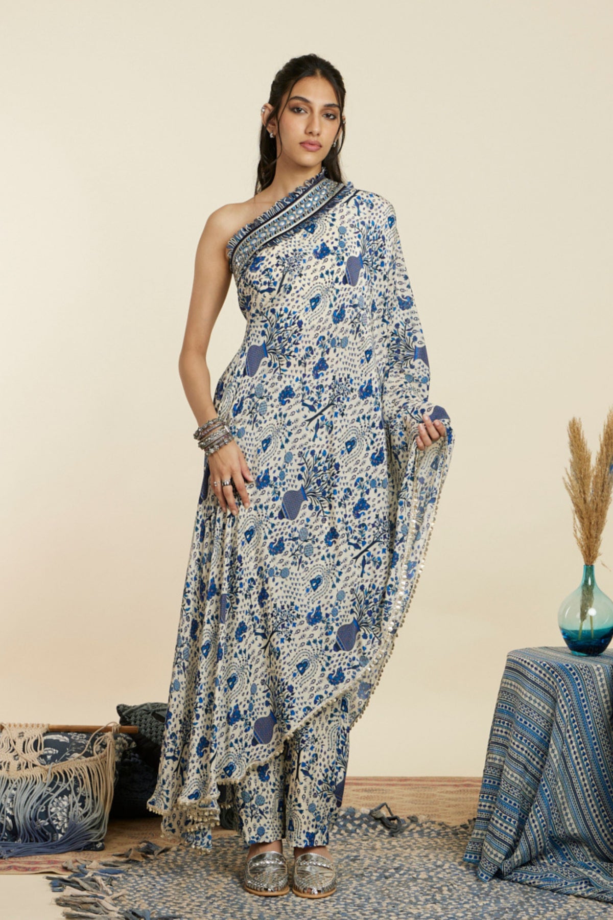 Blue One Shoulder Kaftan Set