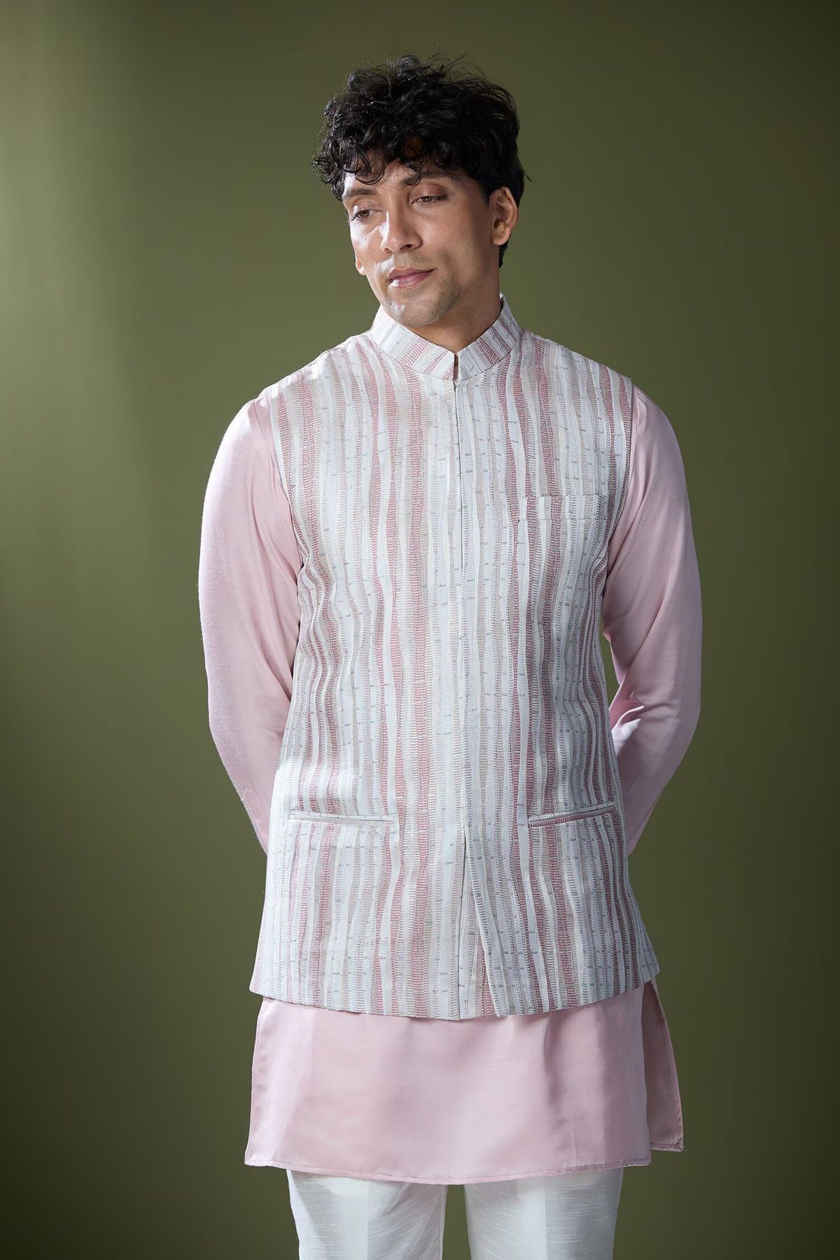 Powder Pink Embroidered Nehru Jacket Set