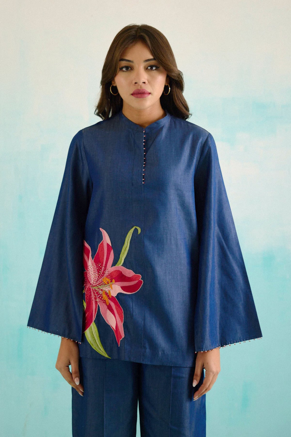 Denim Lily Cape Embroidered Shirt