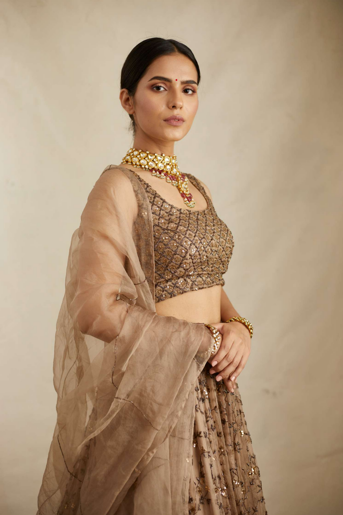 Brown Organza Heavy Lehenga Set