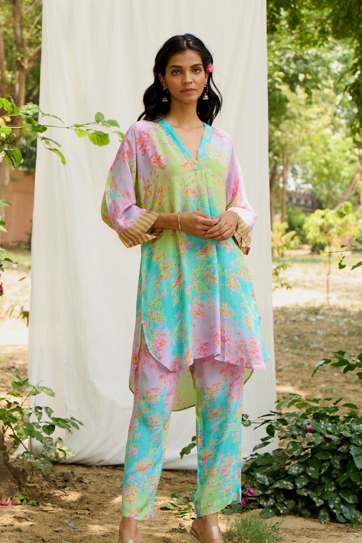 Multicolor Pleated  Kurta With Floral Prints