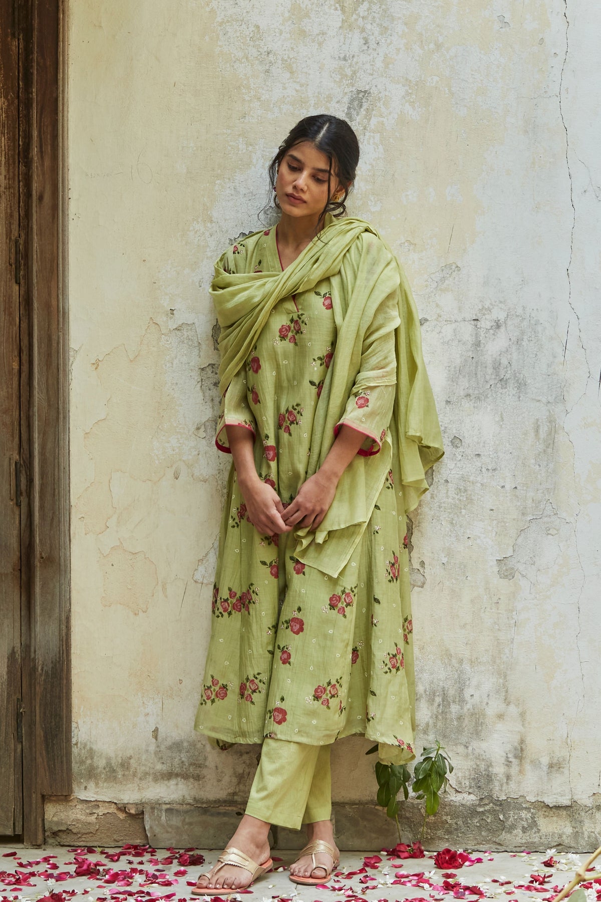 Handwoven Chanderi Pista Green Kurta Set