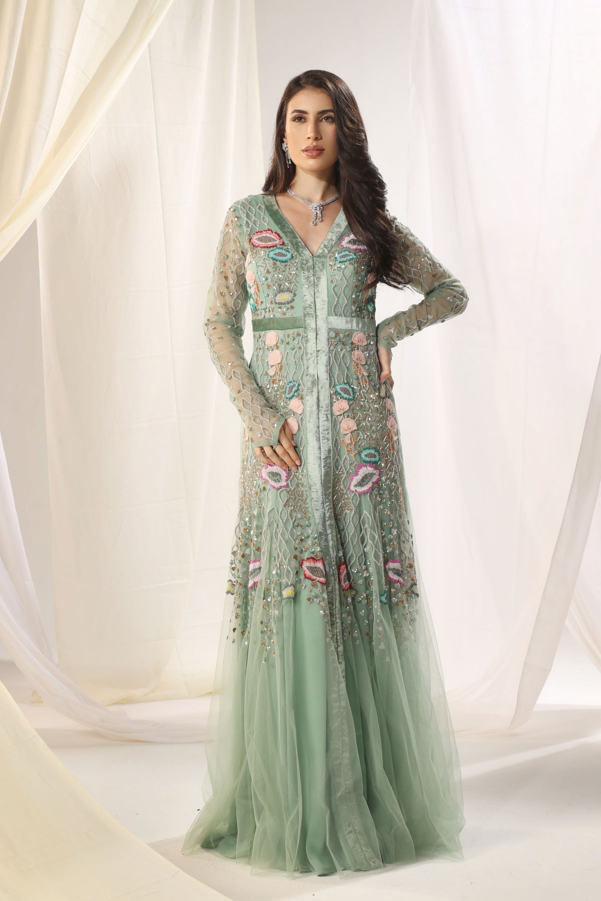 Aqua Blue Embroidered Gown