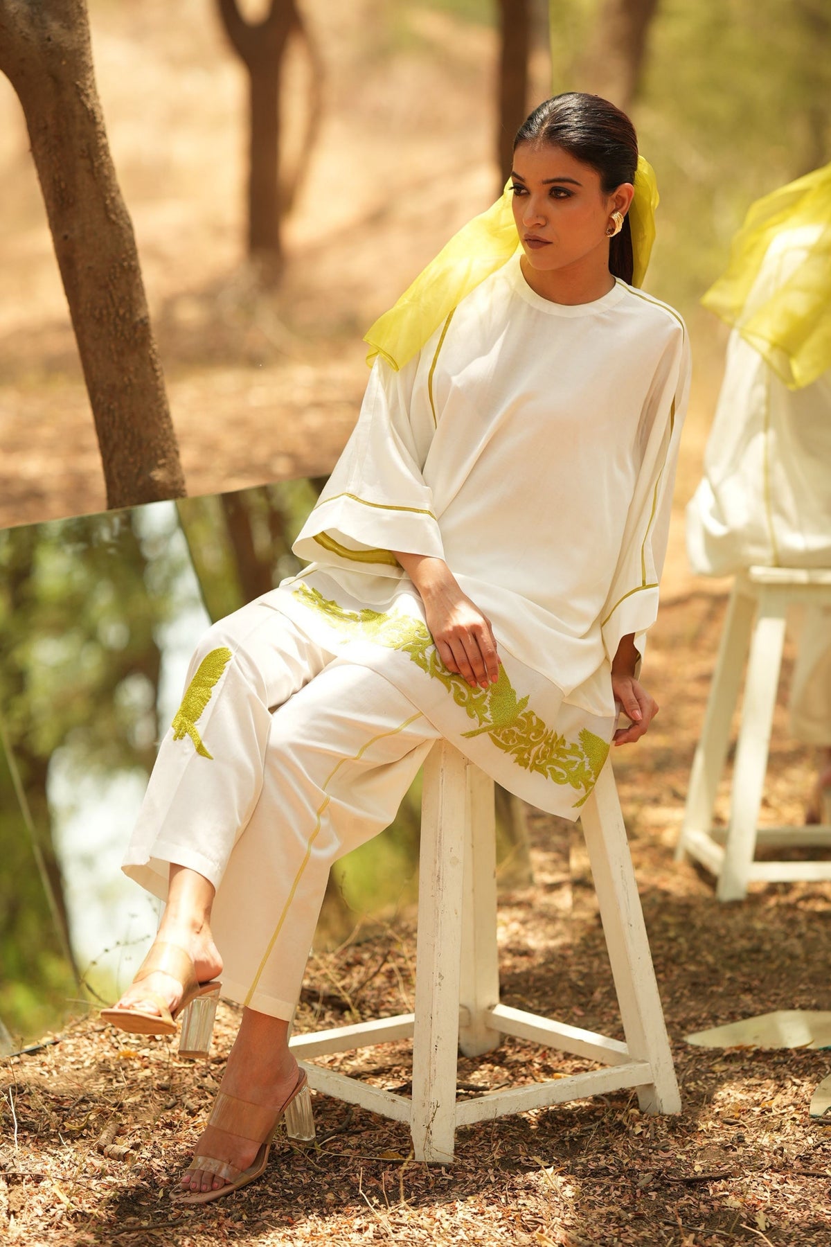 White Embroidered Short Kaftan With Pants